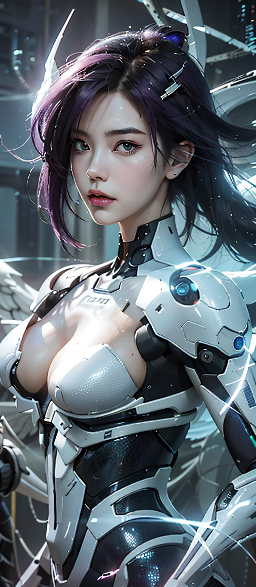(RAW Photo, Photorealistic: 1.9) heavy detailed, a close up of a woman with huge breats, purple hair and wings, ghost in the shell art style, ghost in the shell style, futuristic robot angel, beautiful cyborg angel girl, cyborg girl, battle angel, cyborg - girl, biblical female android, anime robotic mixed with organic, joao ruas, scifi woman, sci-fi female, cute cyborg girl, motoko kusanagi