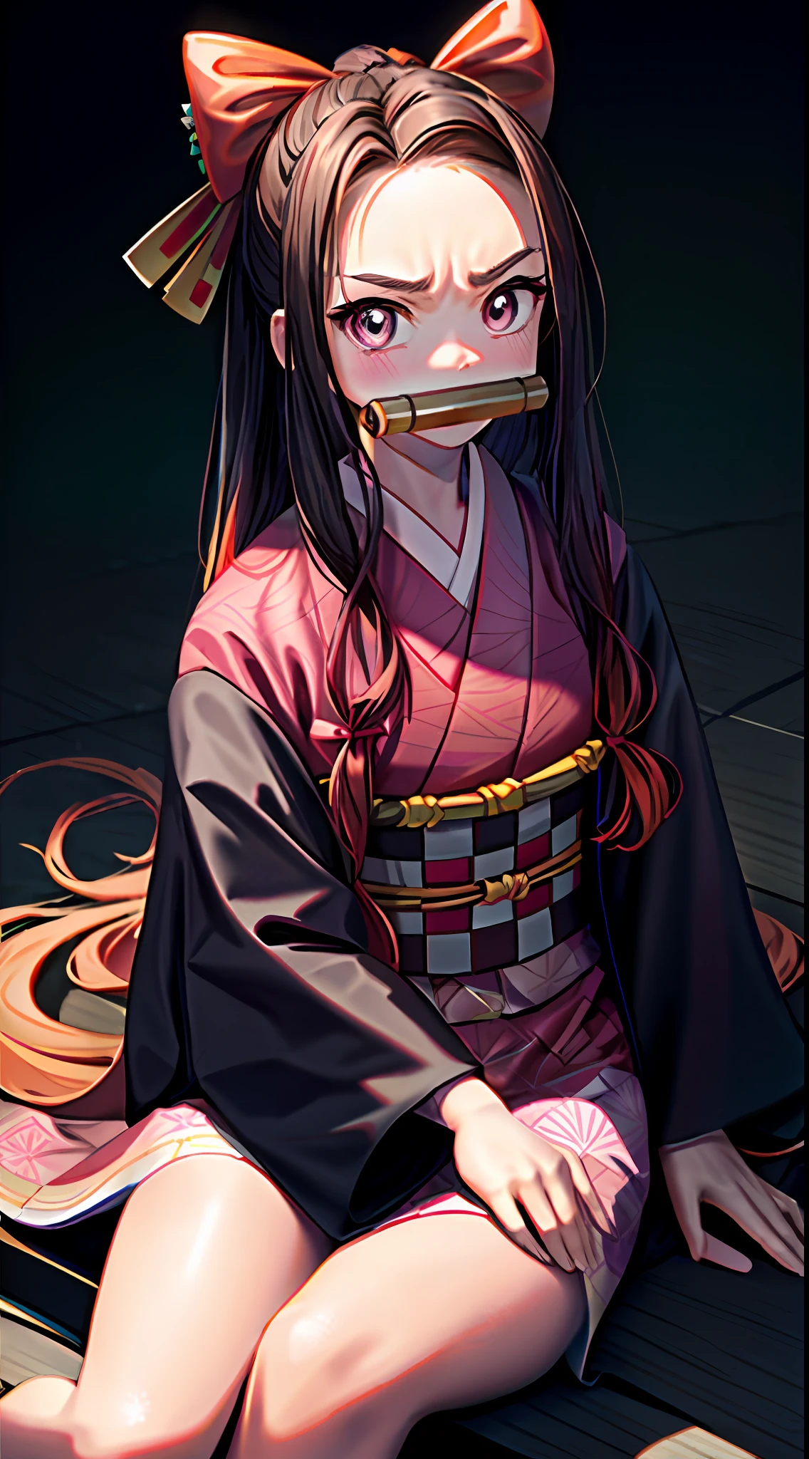 Masterpiece, Best Quality, High Resolution, venus1, 1girl, solo, Tsuko Kamato, Bamboo, bit gag, brown hair, checkered belt, gag, gradient hair, hair ribbon, haori, japanese clothes, kimono, long hair, looking at the audience, colorful hair, orange hair, pink eyes, pink kimono, pink ribbon, ribbon, solo, upper body, (((masterpiece)), frontal, sitting, cute, puffed cheeks, angry, wide eyes