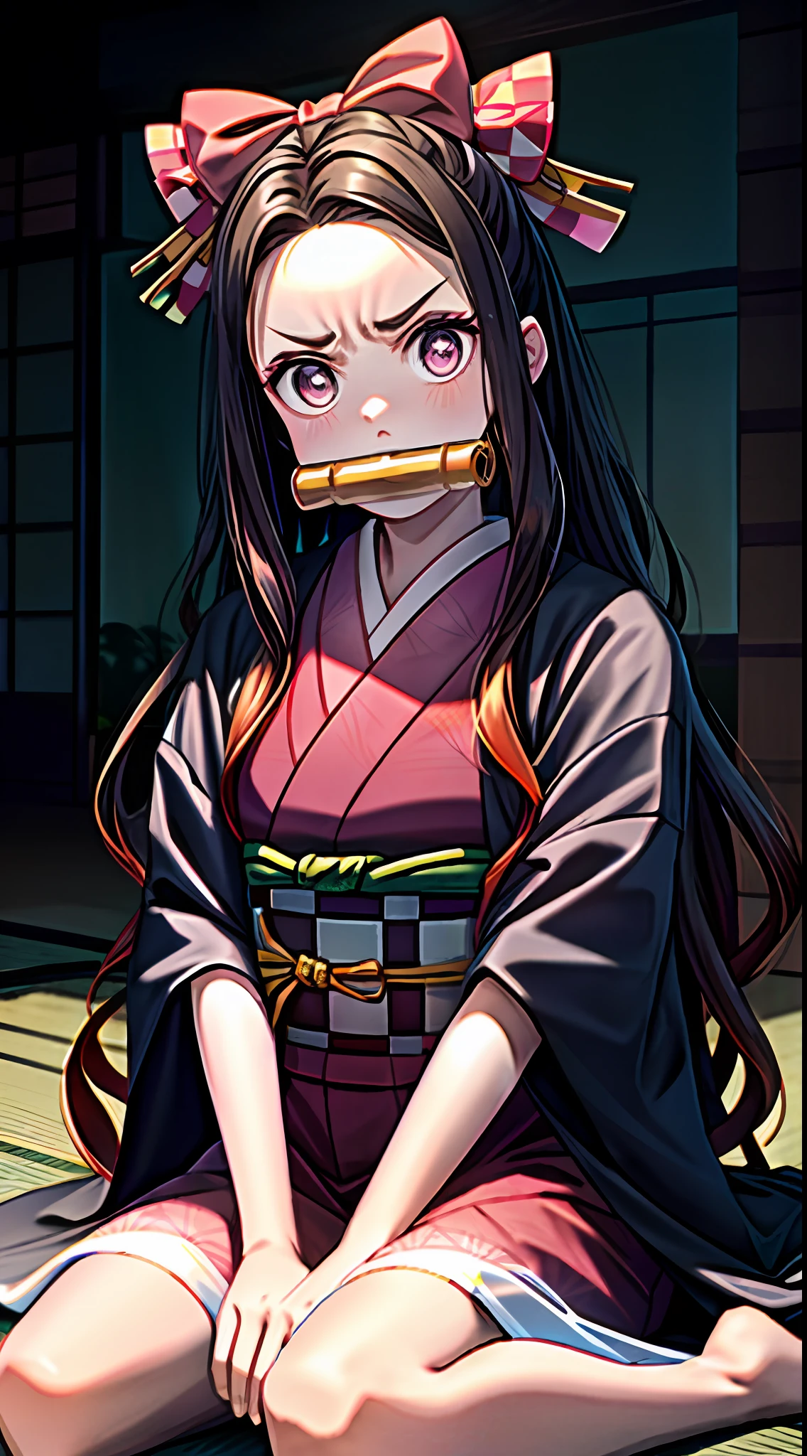 Masterpiece, Best Quality, High Resolution, venus1, 1girl, solo, Tsuko Kamato, Bamboo, bit gag, brown hair, checkered belt, gag, gradient hair, hair ribbon, haori, japanese clothes, kimono, long hair, looking at the audience, colorful hair, orange hair, pink eyes, pink kimono, pink ribbon, ribbon, solo, upper body, (((masterpiece)), frontal, sitting, cute, puffed cheeks, angry, wide eyes
