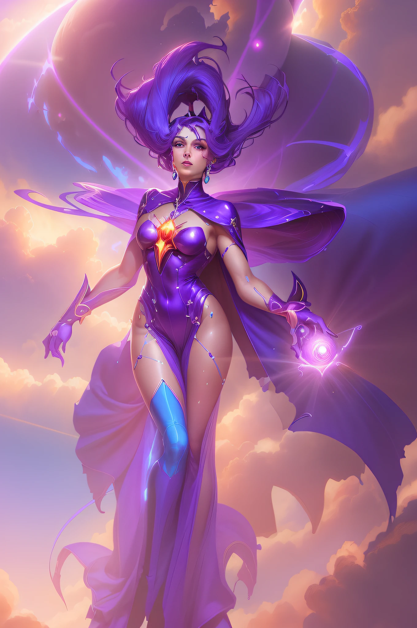 a woman in a purple dress with a blue and purple hair and a purple cape, artgerm julie bell beeple, peter mohrbacher style, cosmic tiefling d&d, moebius + artgerm, beautiful celestial mage, peter mohrbacher and artgerm, cosmic goddess, peter mohrbacher c 2 0