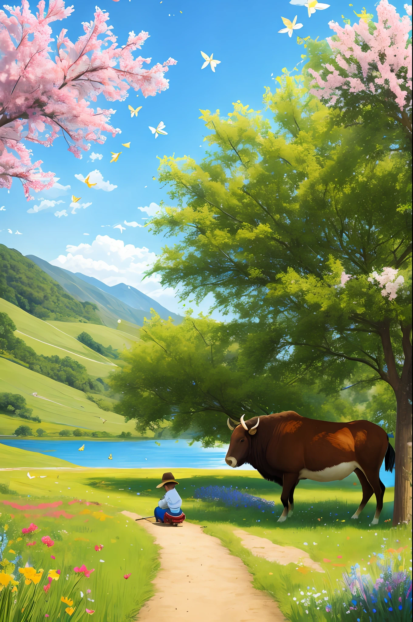 A shepherd boy rides on the back of a buffalo and plays the flute. In the center of the background is a green field, with ears of wheat swaying in the wind and straws tanned golden. In front of the field is a clear brook with gurgling water and small ripples when the breeze blows by, and the green grass by the river dances with the wind. On the left side of the field, there is a tall willow tree with branches hanging down, brushing gently across the water. Under the willow tree, a few birds were singing happily, and a red butterfly was dancing among the flowers. On the right side of the field, there is a fruit forest full of flowers, pink, white and pale yellow flowers compete on the branches, attracting bees and butterflies. The sky is blue, with occasional fluffy white clouds drifting by. The scorching sun hangs high, but when the breeze blows, it brings a touch of coolness and gives people a comfortable feeling. This is the Lixia picture I drew for you, I hope you like it! authentic style,