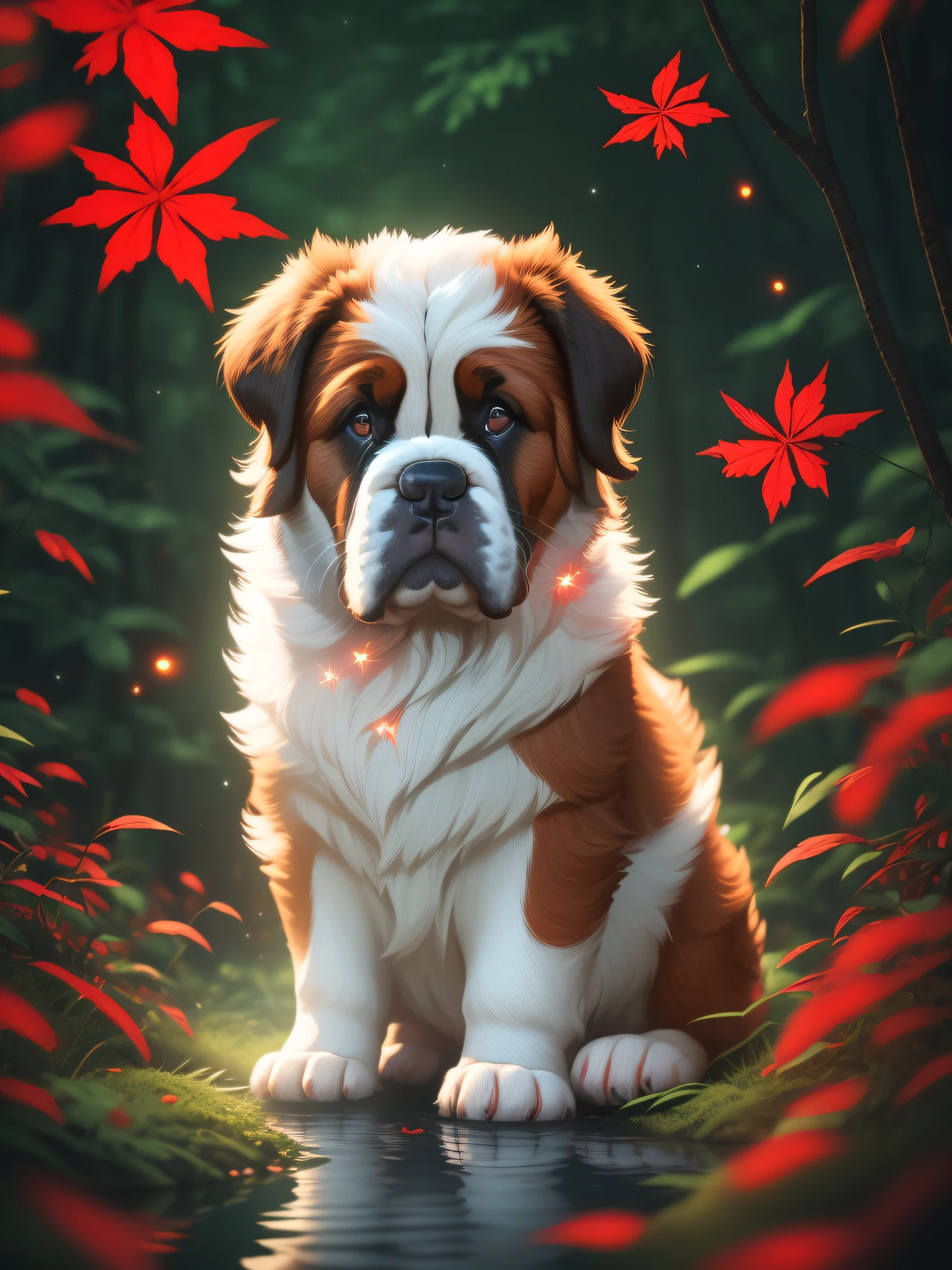 Masterpiece, best quality, (very detailed CG unity 8k wallpaper), (best quality), (best illustration), (best shadows), glowing sprite, (white with red young St. Bernard puppy), clear water nearby in the lake, natural elements in a forest theme. Black Mysterious Forest, beautiful night forest, nocturnal nature surrounded by black flowers, black leaves and red branches surrounded by red fireflies (natural elements), (white young St. Bernard puppy), (night sky), (night jungle theme), (red glowing grass), (leaves), (branches), (red fireflies), (particle effects), etc.3D dark background, Octane rendering, red ray tracing, super detailing, ((black and red tones))