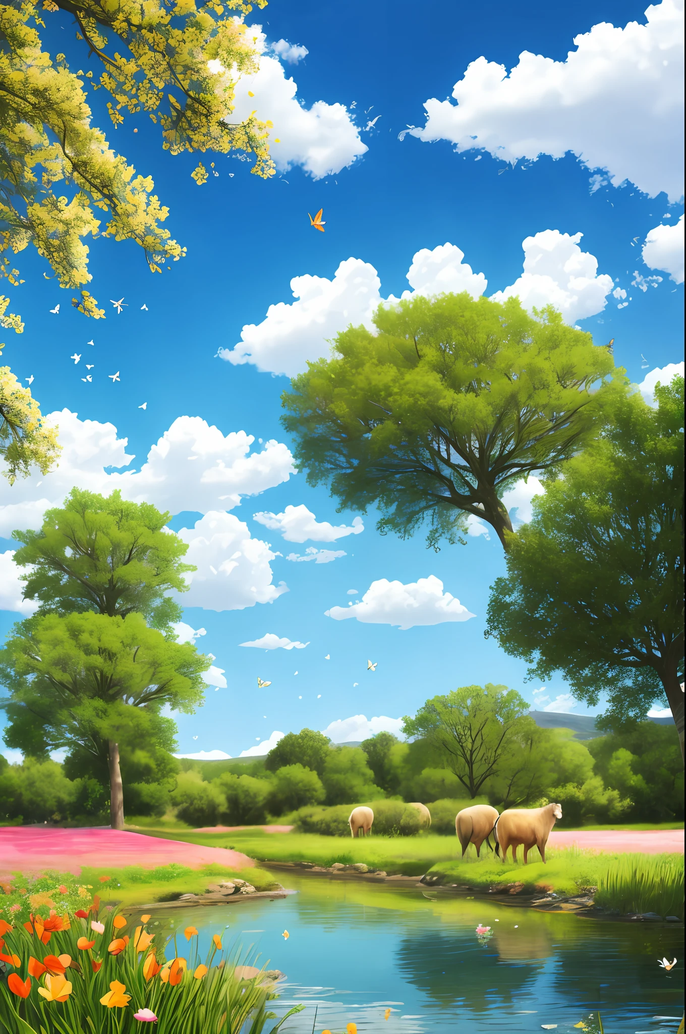 A shepherd boy rides on the back of a buffalo and plays the flute. In the center of the background is a green field, with ears of wheat swaying in the wind and straws tanned golden. In front of the field is a clear brook with gurgling water and small ripples when the breeze blows by, and the green grass by the river dances with the wind. On the left side of the field, there is a tall willow tree with branches hanging down, brushing gently across the water. Under the willow tree, a few birds were singing happily, and a red butterfly was dancing among the flowers. On the right side of the field, there is a fruit forest full of flowers, pink, white and pale yellow flowers compete on the branches, attracting bees and butterflies. The sky is blue, with occasional fluffy white clouds drifting by. The scorching sun hangs high, but when the breeze blows, it brings a touch of coolness and gives people a comfortable feeling. This is the Lixia picture I drew for you, I hope you like it! authentic style,