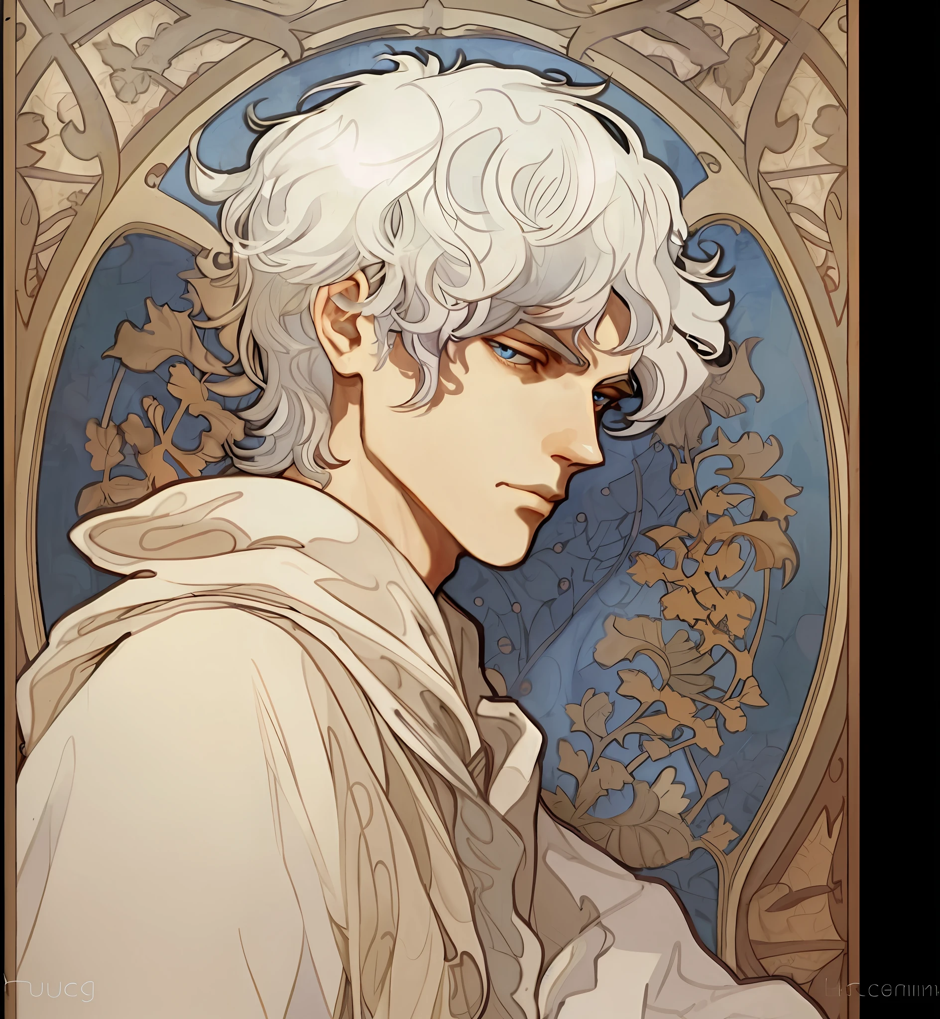 Silver-haired and blue-eyed boy with curly hair, medieval aristocratic high-necked satin shirt, Mucha style, half side face, half body photo, arrogant and cold temperament