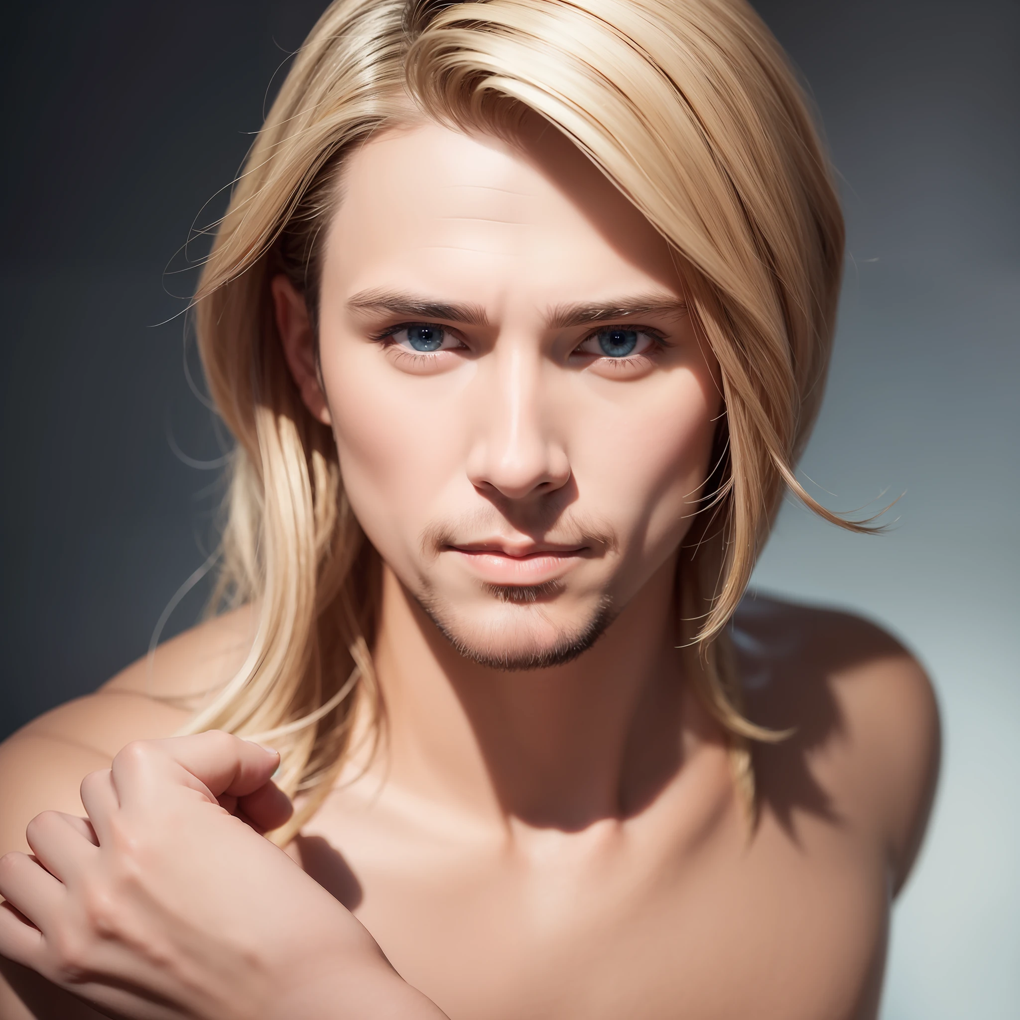 "Use artificial intelligence to create an extremely realistic photo of a Caucasian man in his 30s. He will have medium and voluminous hair, light blond with natural reflections that capture light in a convincing way. The mouth will be reddish, with realistic outline and texture similar to human skin. The eyes will be blue, with authentic brightness and reflections, and the iris and pupil will be well defined. The man will have a friendly and discreet smile, conveying a sense of confidence and sympathy. Your skin will be clear and healthy, with subtle little imperfections such as discrete spots and pores. It will have a different face shape, with features such as a slightly square chin and prominent cheekbones. The photo will be captured with natural lighting, showing the man full body, including his hands."