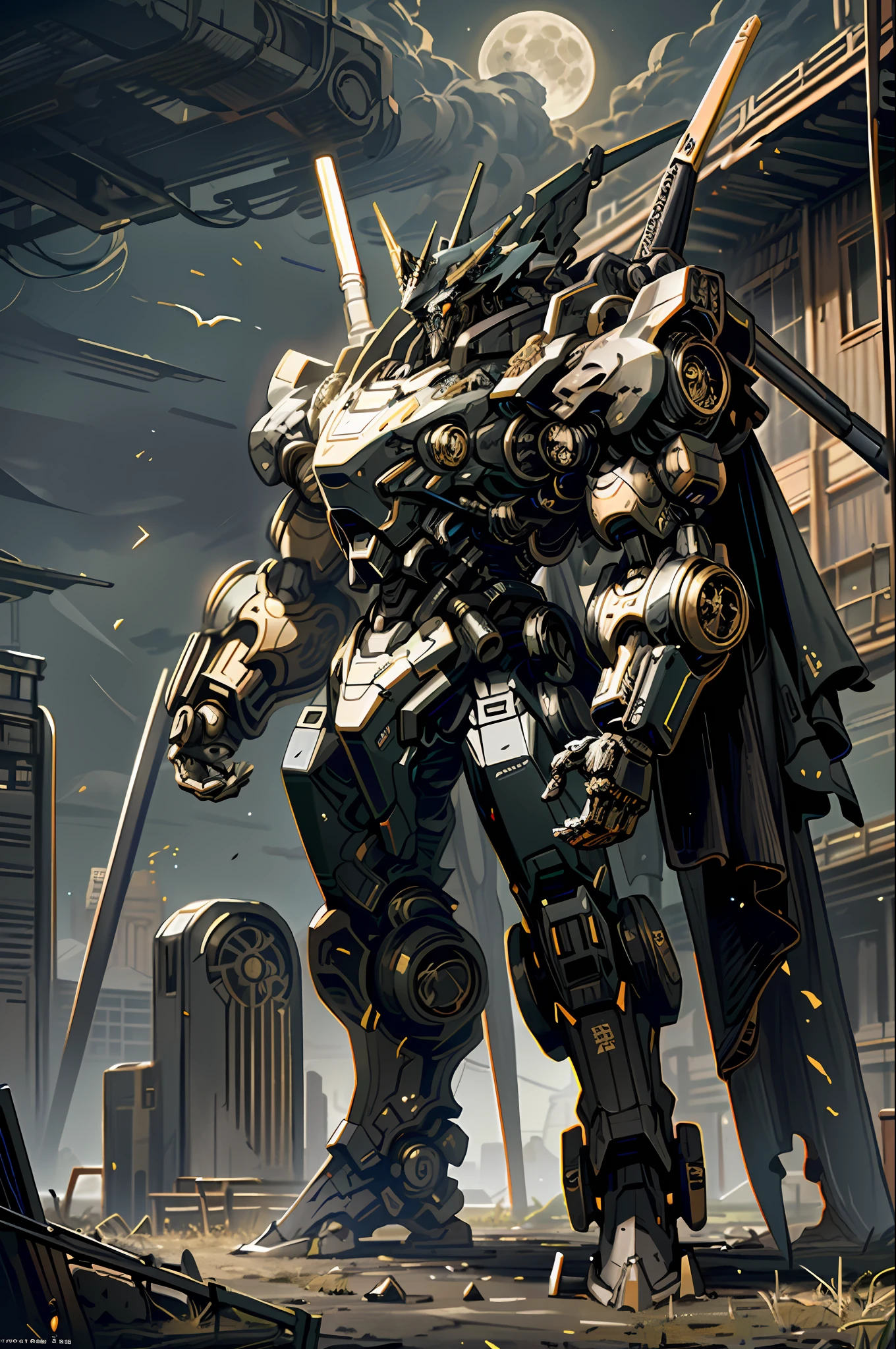 Dark Fantasy, Cyberpunk, (Top Quality, Masterpiece), Mechanical Wonders, State-of-the-Art Big Robots, State-of-the-Art Big Mechs, Grim Reaper, Ruins, Top Quality Digital Art, Stunning Art, Highly Detailed, Black and Gold, Top Quality Digital Art, Mecha, Night, Moon, Pitch Black, Sci-Fi
