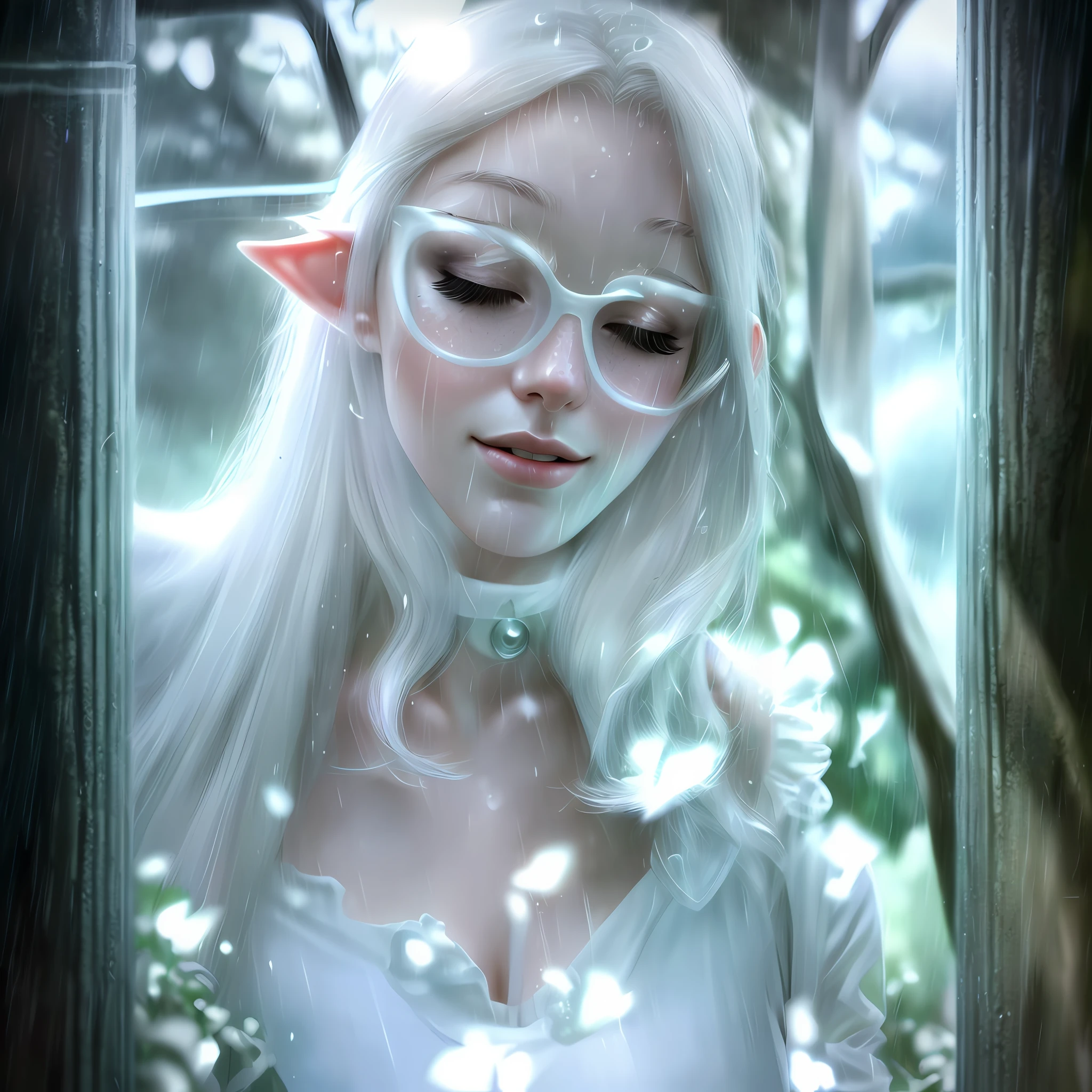 (Ultrarealistic: 1.2) natural lighting, grainy, high res, elf woman in [(white dress, white cape over shoulders: 1.1): wet: 0.40], (looking up: 1.2), eyes closed, fantasy forest, (rain: 1.2), twilight, white hair, ultra detailed hair