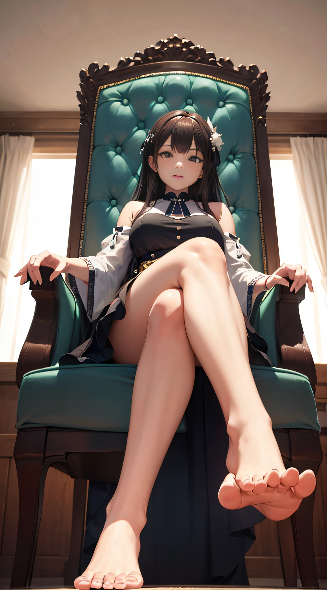 there is a woman sitting on a chair with a big dille, mid view from below her feet, bottom angle, 8 feet from the camera, high soles, very low angle, legs taking your pov, macro giantess, giantess shot, highly detailed giantess shot, detailed foot pov, big feet, her foot sticking out, very low - angle, kano)