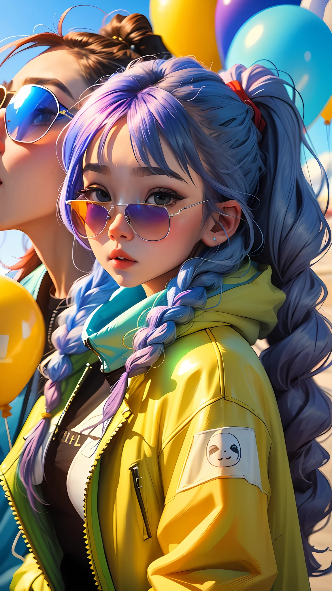 Loli girl, beautiful and cute, wearing blue sunglasses, yellow jacket, white sweatshirt, lots of colorful balloons, baby face, chibi style, red and blue two-color hair, ponytail braided hair, perfect detail eyes, delicate face, perfect CG, HD picture quality, colorful balloons, sky, --auto --s2