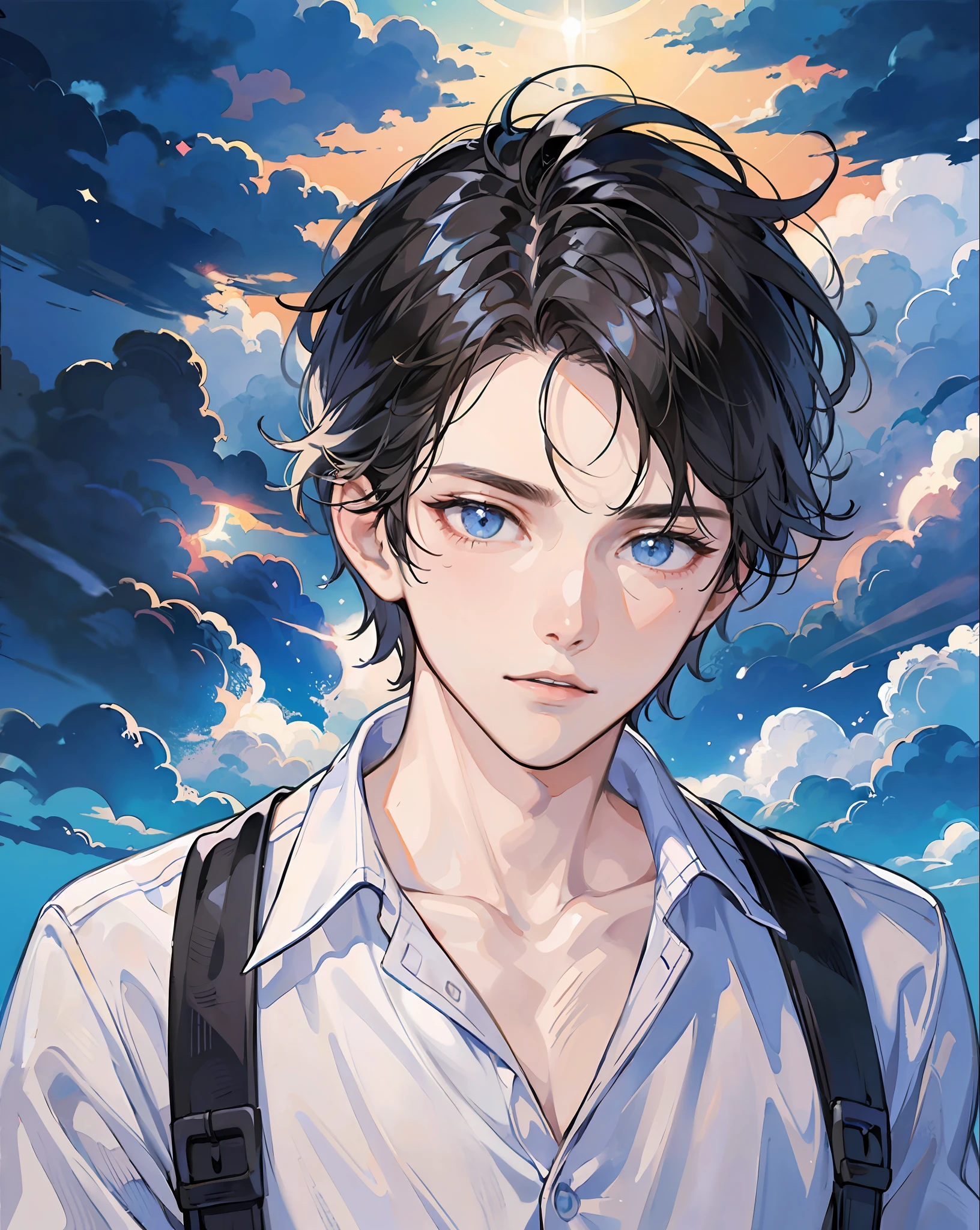 masterpiece, sky, clouds, 1guy, black hair, blue eyes, beautiful eyes, white shirt, magic, upper body, portrait