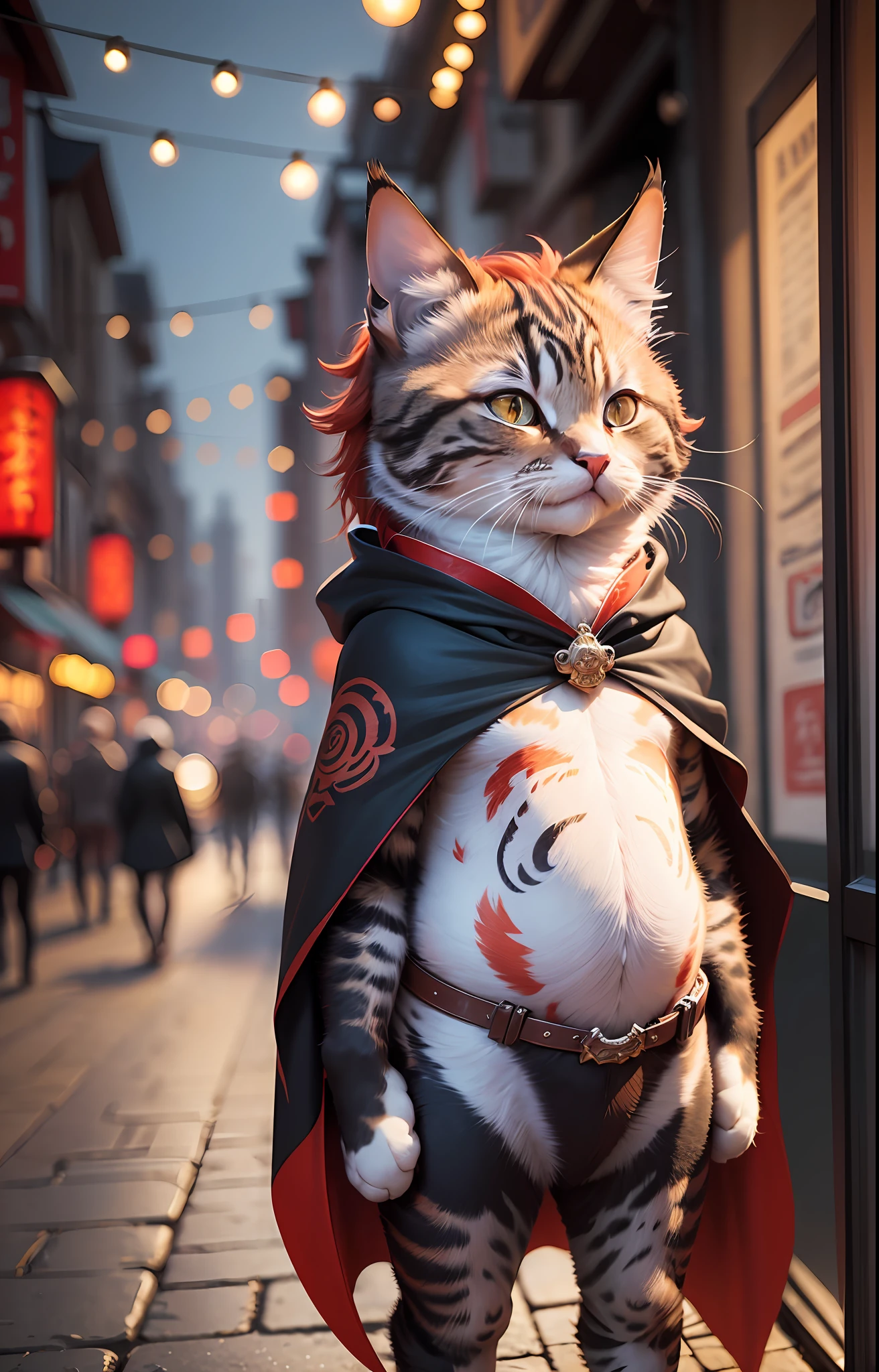 Masterpiece, (ultradadetailed), (Animal anthropomorphism), Hero theme, cat, cape, red hair. In dim light, tattoos, long knives, smoke, shadows, ancient Chinese cityscape, highest quality, single focus, (thinness: 1.04), cute, fat dun, full body, complex (high detail: 1.1) --auto --s2