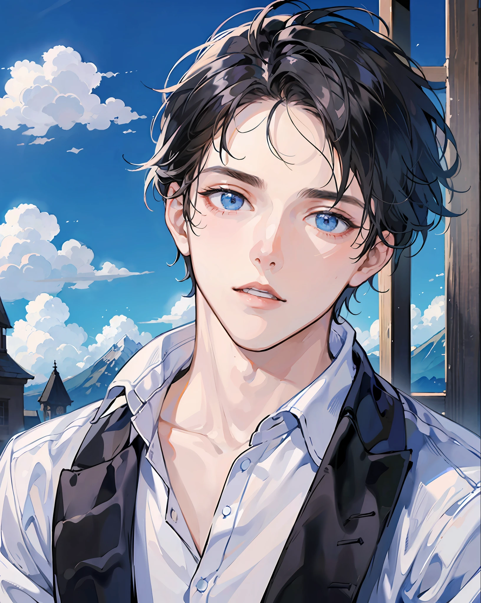 masterpiece, sky, clouds, 1guy, black hair, blue eyes, beautiful eyes, white shirt, magic, upper body, portrait