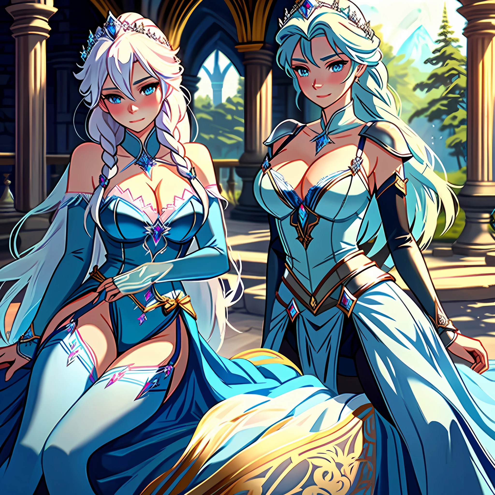 Beautiful artwork of Princess Elsa in lingerie inspired medieval armour, ((touching crotch)), shy face, blushing, (epic cleavage)