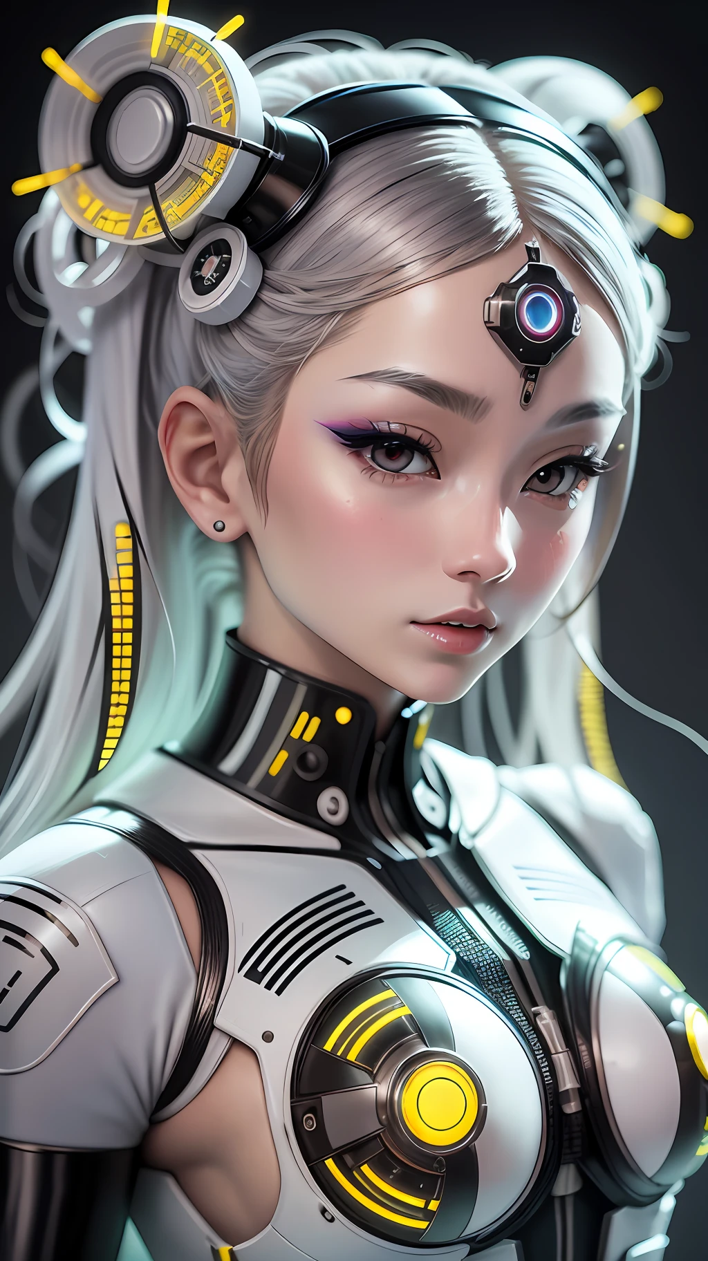 A photograph of mid-twenties Japanese female android made of shiny white and silver translucent glass and plastic, geisha makeup and hairstyle, silver metal internal body mechanisms, dynamic pose, flowing organic construction, glowing golden circuitry, colorful neon trim, glowing circuitry, neon trim, depth of field focus f/2.8, art by H.R. Giger, Greg Rutowski