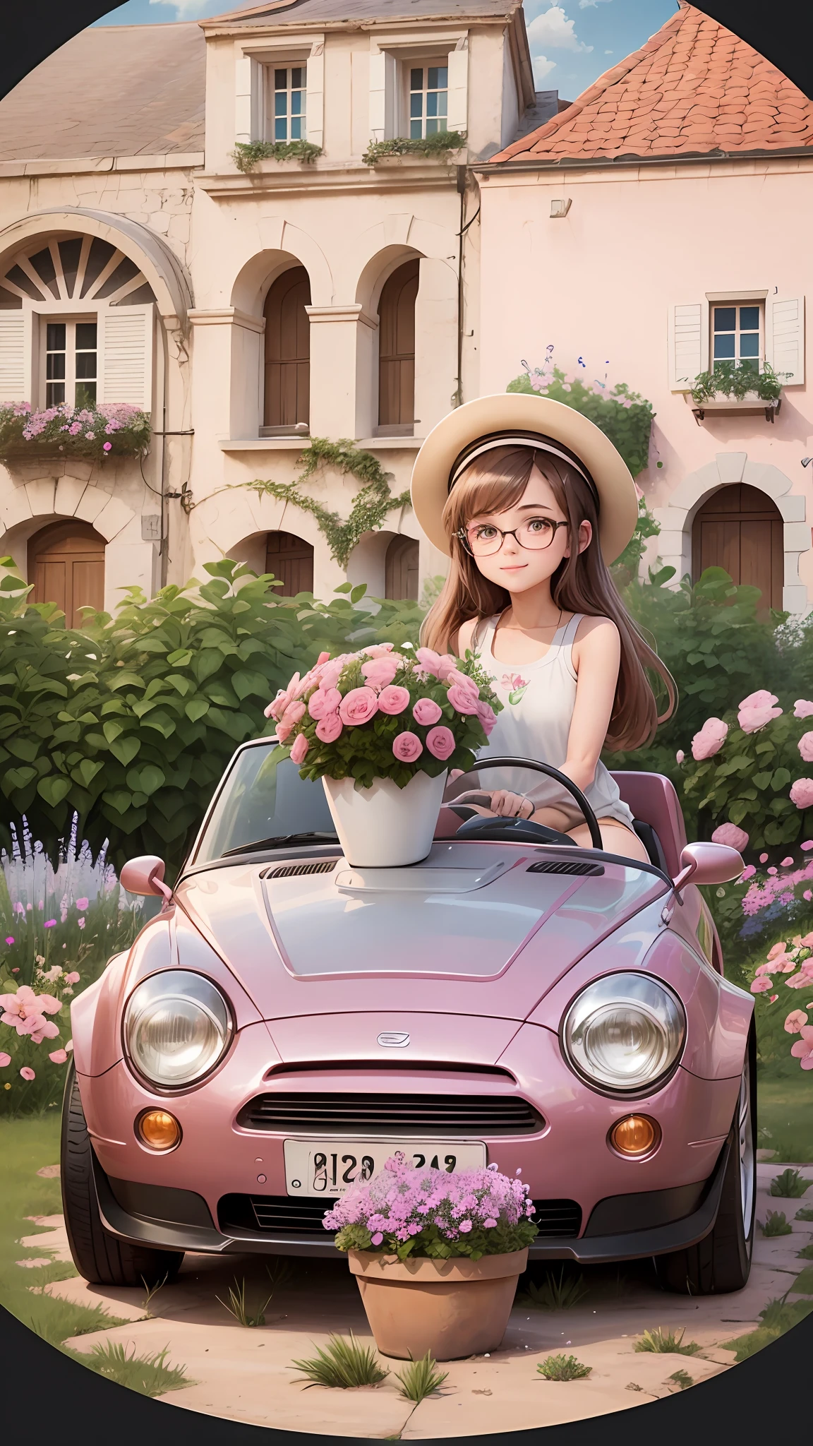 illustration:10, masterpiece, best quality, Alberobello town, dirt, flower pot, pink flowers, hand bouquet, brown hair, boy, handsome guy, wearing glass glasses, silver frame, smile, blush, cute and sweet, wearing white tank top, shorts, slippers, shovel, planting flowers, riding an electric car, pink electric car, streetslora: watercolorStylev10:035EasyNegative --auto --s2