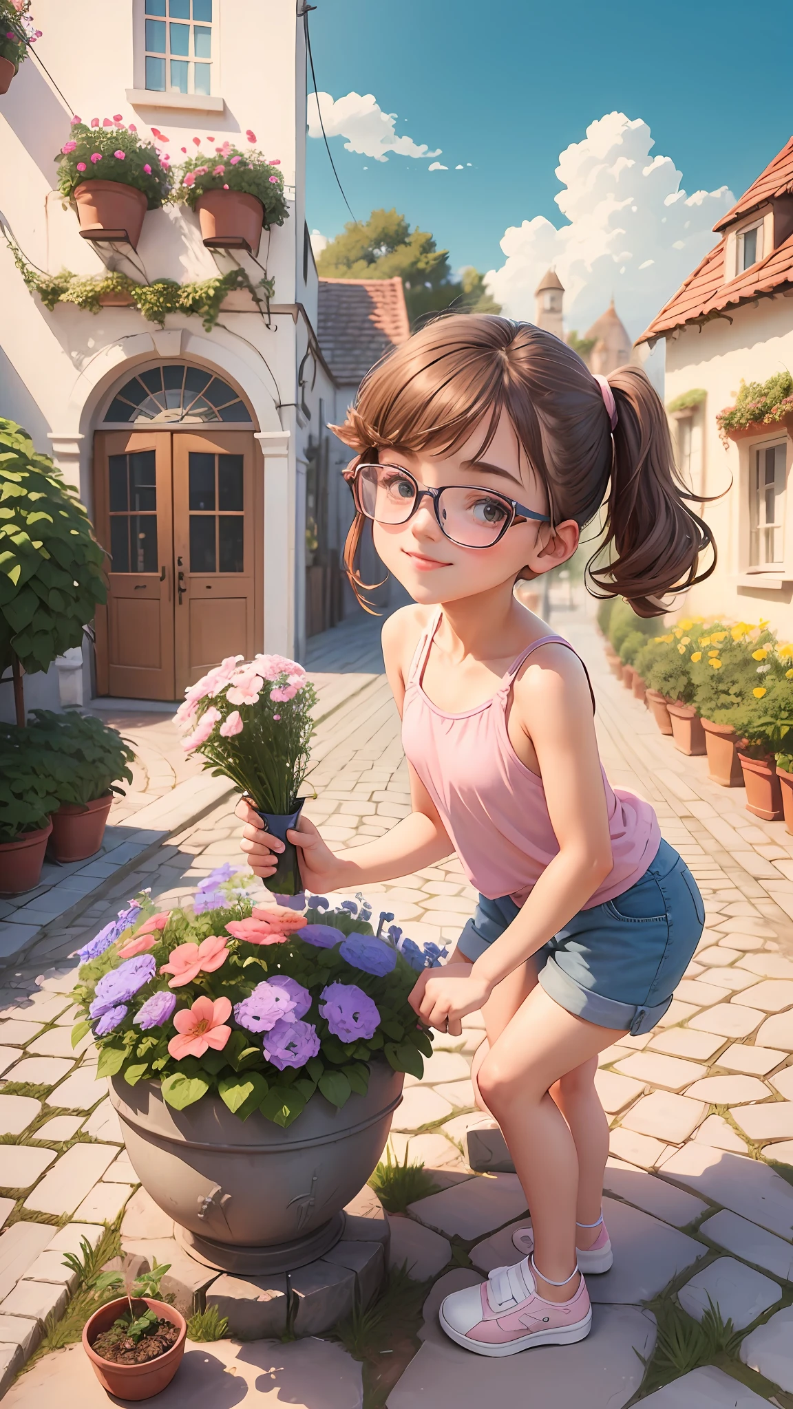 illustration:10, masterpiece, best quality, Alberobello town, dirt, flower pot, pink flowers, hand bouquet, brown hair, boy, handsome guy, wearing glass glasses, silver frame, smile, blush, cute and sweet, wearing white tank top, shorts, slippers, shovel, planting flowers, riding an electric car, pink electric car, streetslora: watercolorStylev10:035EasyNegative --auto --s2