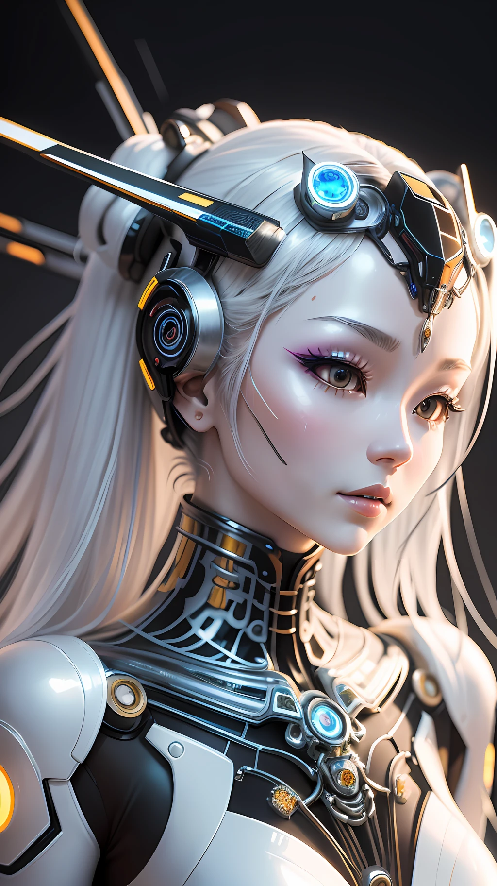 A photograph of mid-twenties Japanese female robot made of shiny white and silver translucent glass and plastic, geisha makeup and hairstyle, silver metal internal bones and body mechanisms send beneath translucent glass and plastic, dynamic pose, flowing organic construction, glowing golden circuitry, colorful neon trim, glowing circuitry, neon trim, depth of field focus f/2.8, art by H.R. Giger, Greg Rutowski