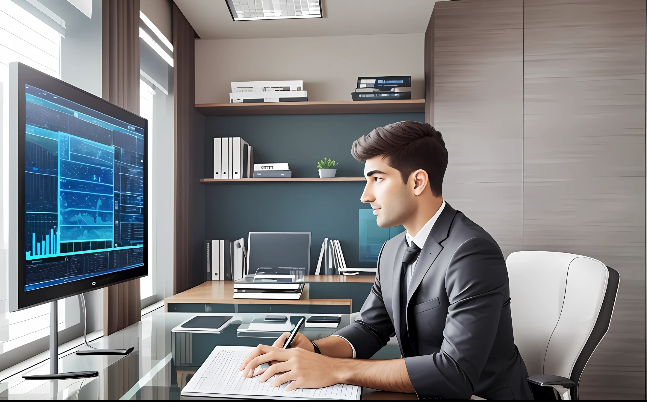A rich entrepreneur in a futuristic office teaching about business 16:9 Ultra 4K --auto --s2