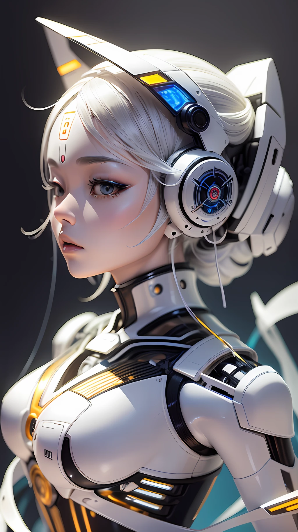 A photograph of mid-twenties Japanese female robot made of shiny white and silver translucent glass and plastic, geisha makeup and hairstyle, silver metal internal bones and body mechanisms send beneath translucent glass and plastic, dynamic pose, flowing organic construction, glowing golden circuitry, colorful neon trim, glowing circuitry, neon trim, depth of field focus f/2.8, art by H.R. Giger, Greg Rutowski