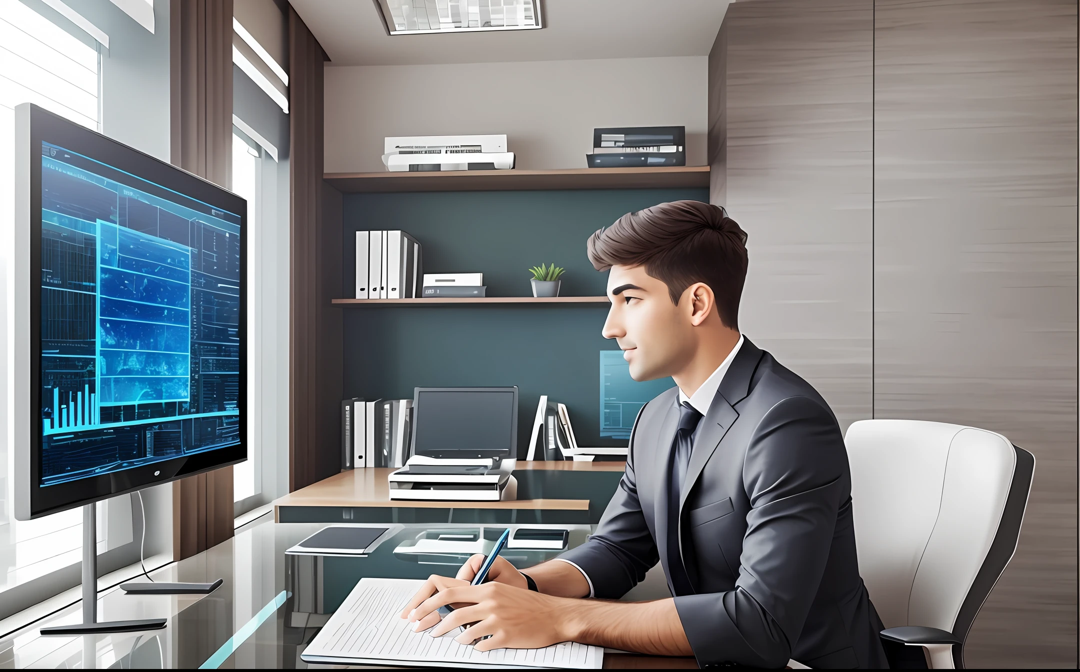 A rich entrepreneur in a futuristic office teaching about business 16:9 Ultra 4K --auto --s2