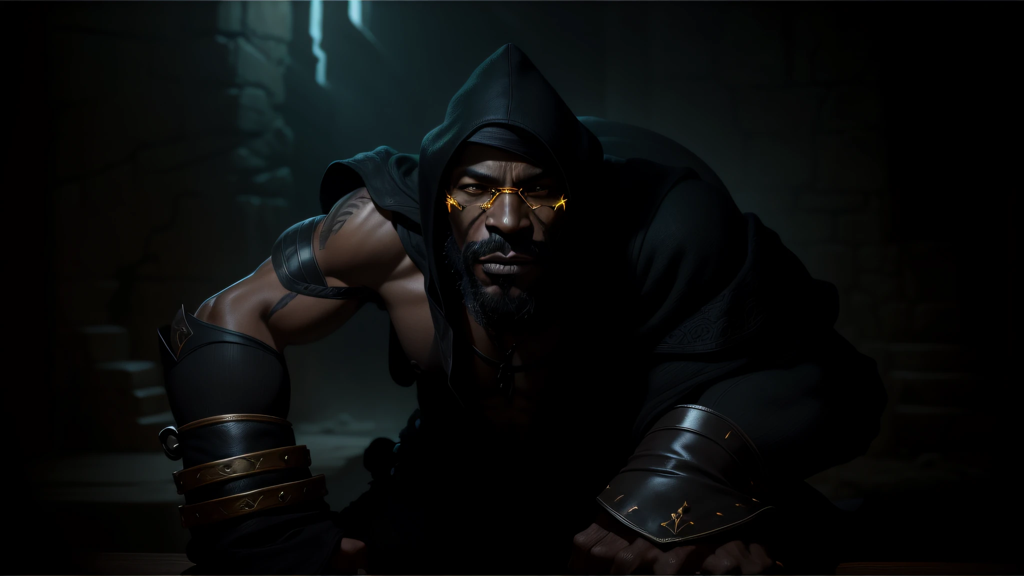 Dark_Fantasy, Styx game, 1 black man, with big nose, bright and deep yellow eyes, physical features faithful to the features presented in the photo, with aged and torn leather bracelets, wearing a gray cap of old cloth, absolutely impressive art, wearing a black robe, art of the highest quality, highest resolution, hyper detailed, black and gray,  medieval, ultra realistic fantasy, atmospheric, 8k, 64k, HD, unparalleled masterpiece, dynamic lighting, cinematic, epic --auto --s2