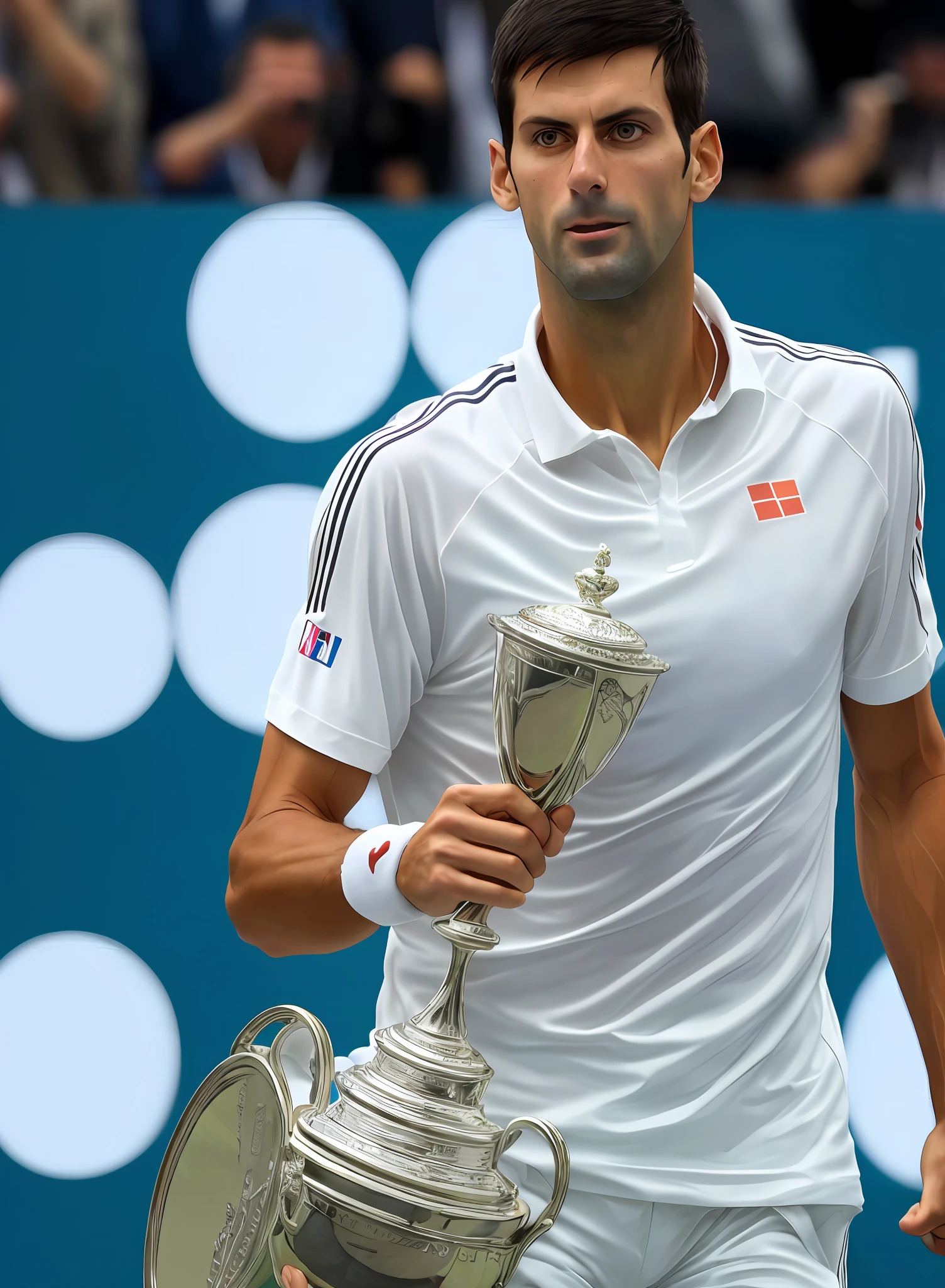 High definition picture quality, 8k photo, intricate details: 1.2, cinematic lighting, Serbian tennis player, Novak Djokovic, lifting trophy, , DSLR --auto --s2