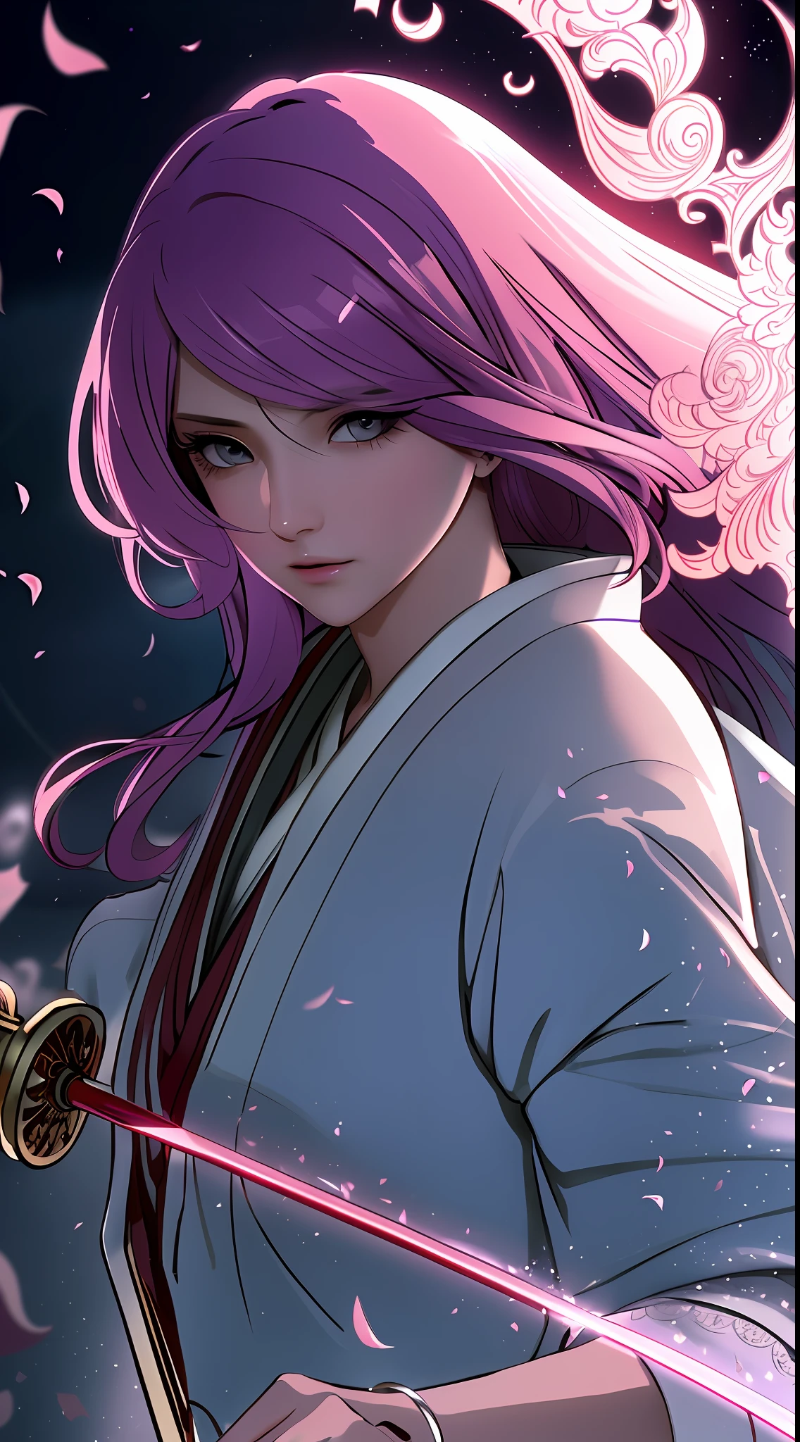 1girl, long pink hair, arriving at the Japanese dojo with sword in hand,pink blade,and coming out some rose petals from the scabbard and some circling the sword,looking with a serious expression at the viewer,full body, masterpiece, intricate details, detailed hands, detailed eyes, whole body, (Japanese dojo),
(((masterpiece))), (highest quality), ((perfect face)), very deep eyes, (cinematic lighting), detailed eyes, best quality, bishoujo, side light, (intricate details), detailed finger, highres, superb, 8k wallpaper, extremely detailed, intricate, award-winning, hyper-detailed, hard lighting, intricate details, eye focus, (illustration:1.1), highres, (beautiful face:1.15), trend in artstation, dynamic pose, warm lighting, cinematic photo,  Rays of God