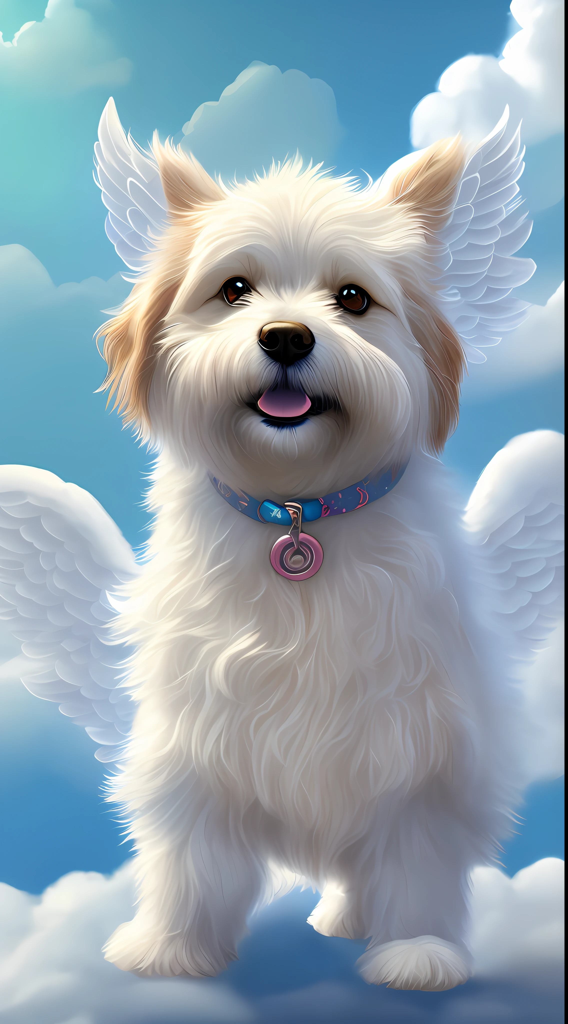 illustration, happy dog dressed as an angel, (cloud background), soft volumetric lights, (front view),(kinematics: 1.2), intricate details, (ArtStation: 1.3)