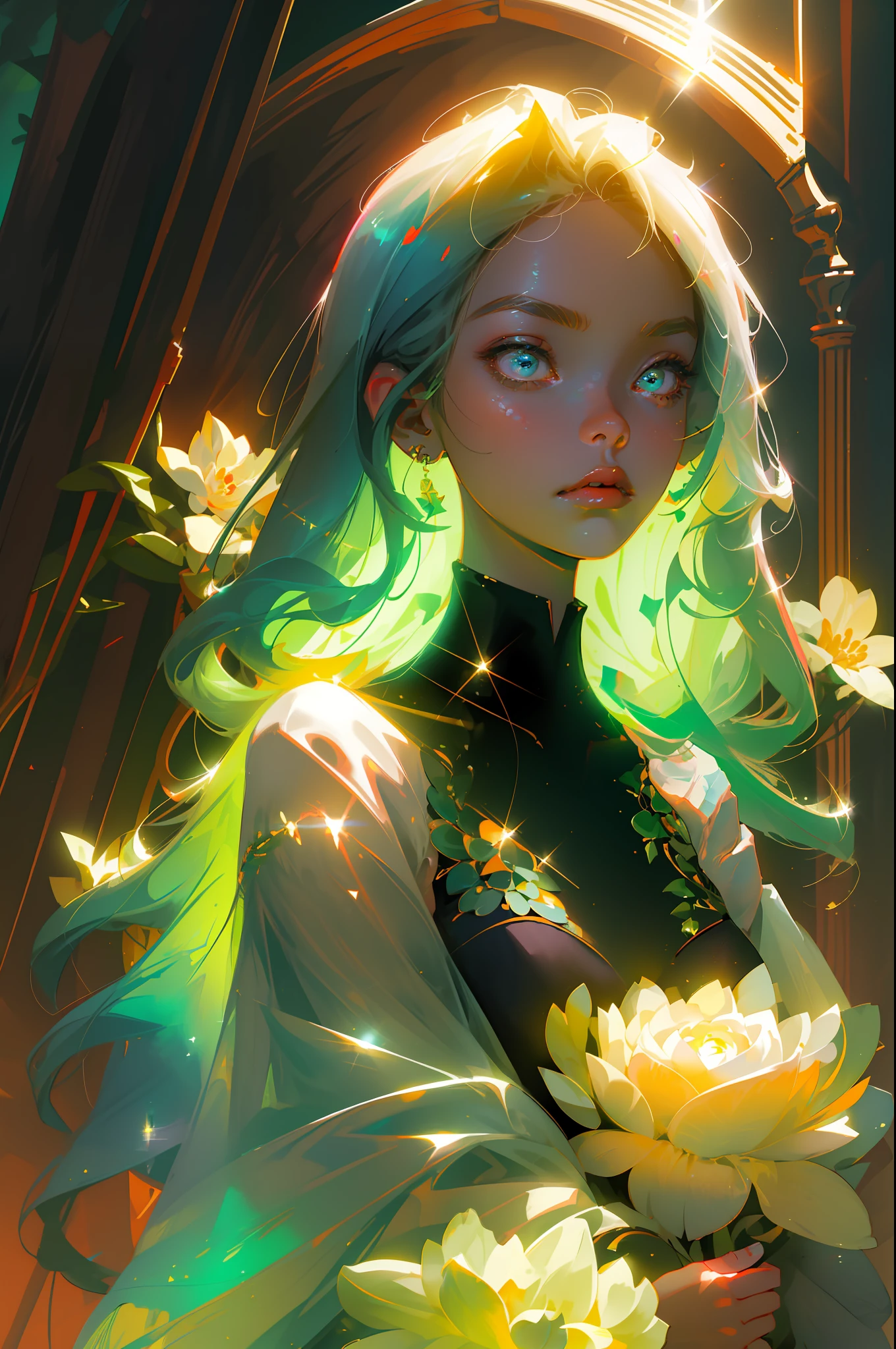 Masterpiece, best quality, super high resolution, fluorescent color,
1 girl, looking at the audience, beautiful face, beautiful eyes, (off-the-shoulder: 1.2), head up, upper body, forest, shiny hair, shiny skin, glowing cut, chibi, finger proportions coordination