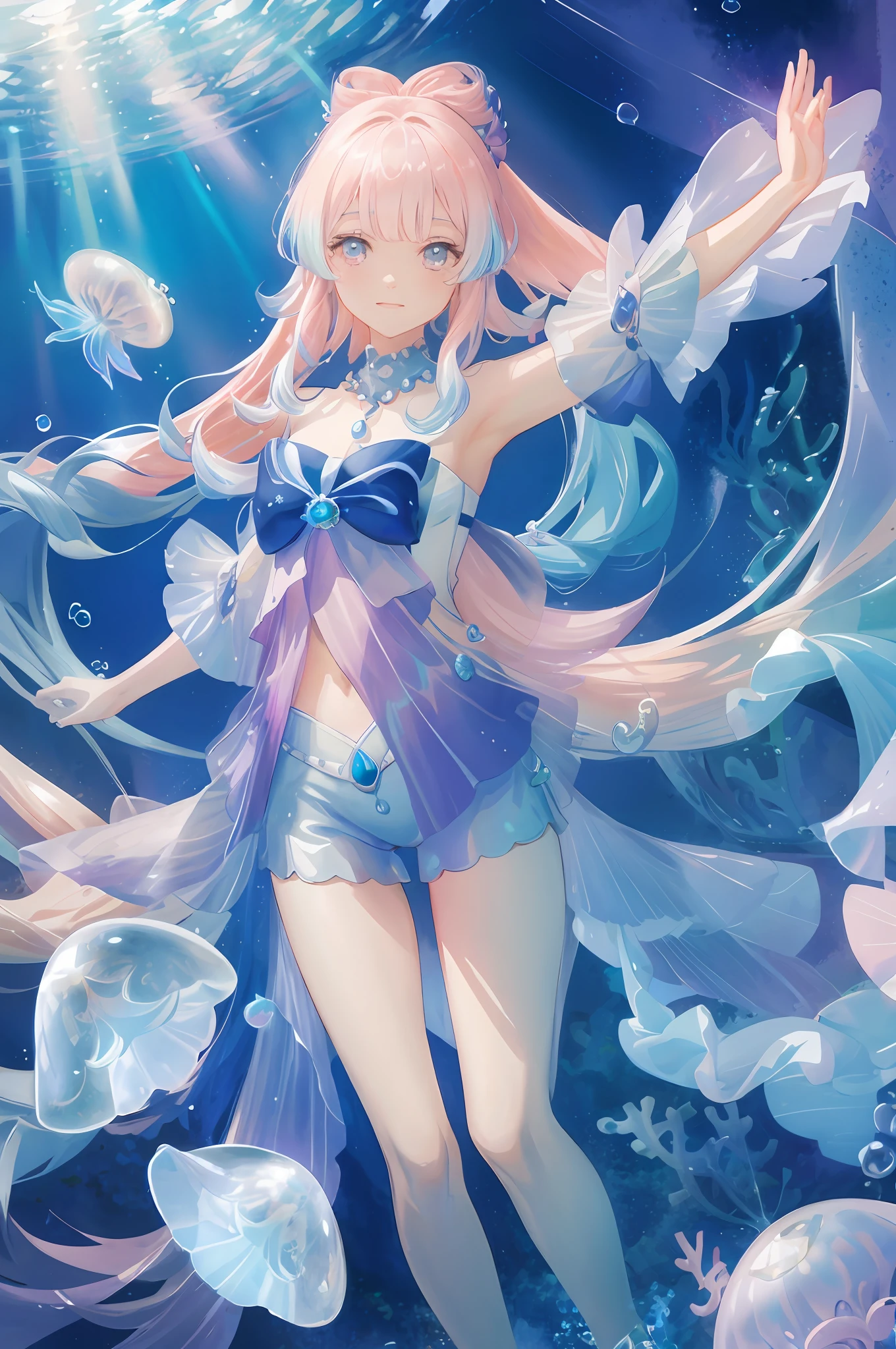 art by Cornflower, dreamy, kokomi floating swimming underwater, pearls, seashells, underwater, jellyfish, lots of jellyfishes, bubbles, rays of sun, iridescent colors, long floating hair, glowing hair, pastel colors, soft light, (masterpiece, best quality), 1 female, finely detailed eyes and detailed face, extremely detailed, intricate details, fullbody, dynamic pose, cinematic light