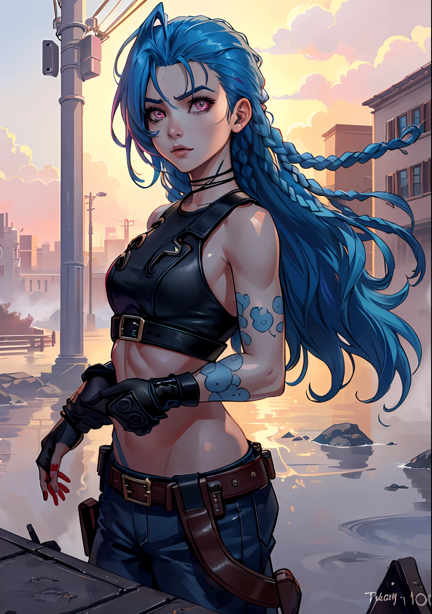 analog style, (JinxLol: 1.1), 1girl, (shiny pink eyes: 1.7, blue hair), (shiny body), looking at the viewer, night: 1.3)), medium chest, tattoo on the arm, tattoo on the abdomen, (blood on the face: 1.5),
Best quality, epic (photo by Lee Jeffries, Sony A7, 50mm, pores: 1.5, colors, hyperdetail: 1.5, film grain: 1.4,
hyper-realistic: 1.5), hyper-realistic realistic texture, masterpiece, extremely detailed CG unity 8k wallpaper, realistic eyes,
Insanely detailed photography (ecstasy of light and shadow, deep shadow), (Winner of the Pulitzer Prize in Photography and the Taylor Wessing Photographic Prize)