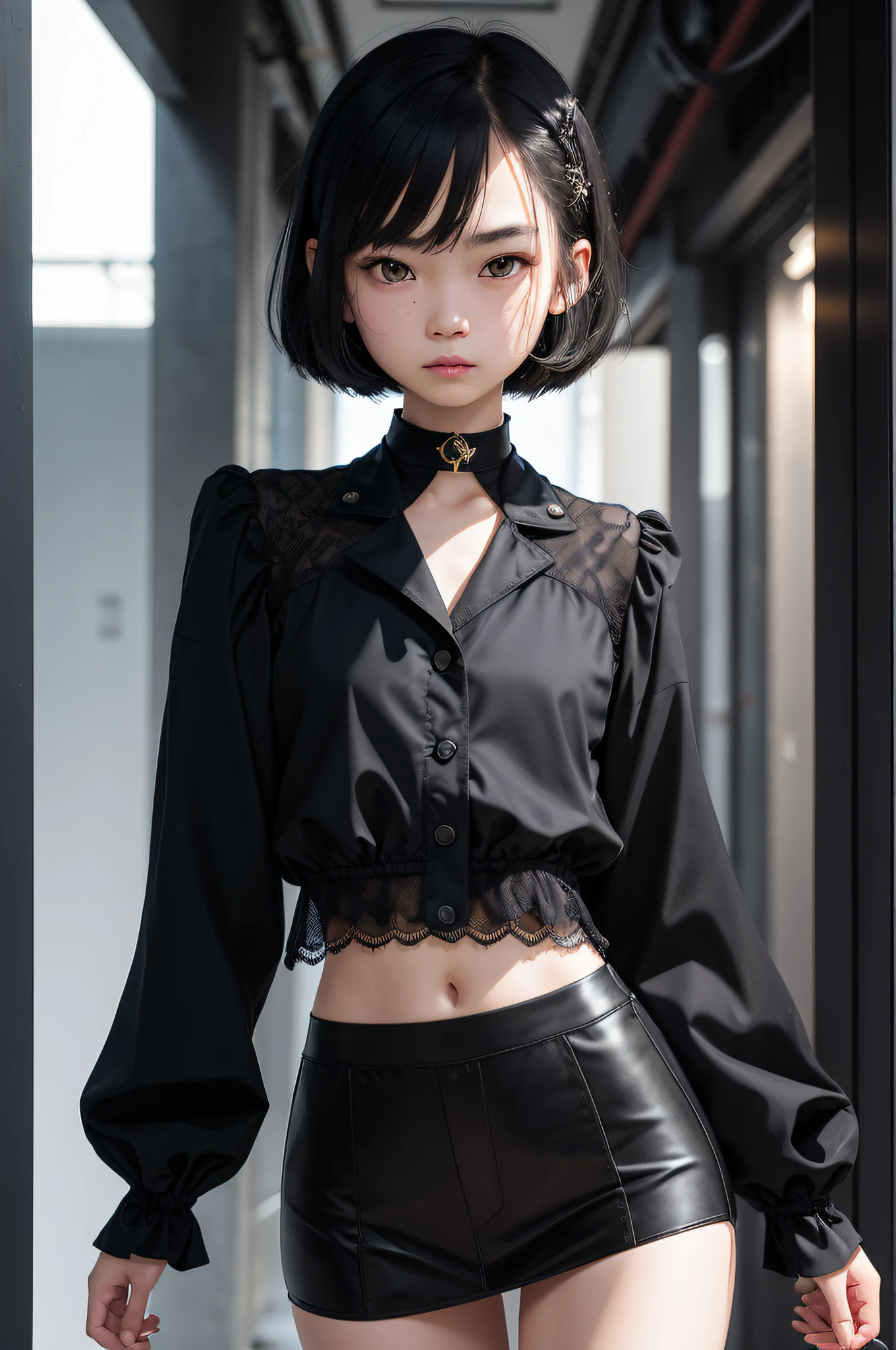 (8K, RAW, Professional, Best Quality, Masterpiece: 1.2), (Realistic, Photorealistic: 1.37), Ultra Detail, (Portrait), (Best Detail Skin: 1.2), (Best Detail Face: 1.2), Cinematic Lighting, 1 Girl, (Masterpiece), (Best Quality: 1.0), (Ultra High Definition: 1.0), Detailed Illustration, portrait, detail, girl, single, 16 years old, detailed beautiful skin, slender, face focus, dim light, harsh theme, constriction, complete anatomy, lower body thin, random hairstyle short hair, ultra high definition face, detailed eyes, mine system, goth loli, white thin soft clothes, choker, braided short boots, taut pointed, hair ornament, Idol group uniforms