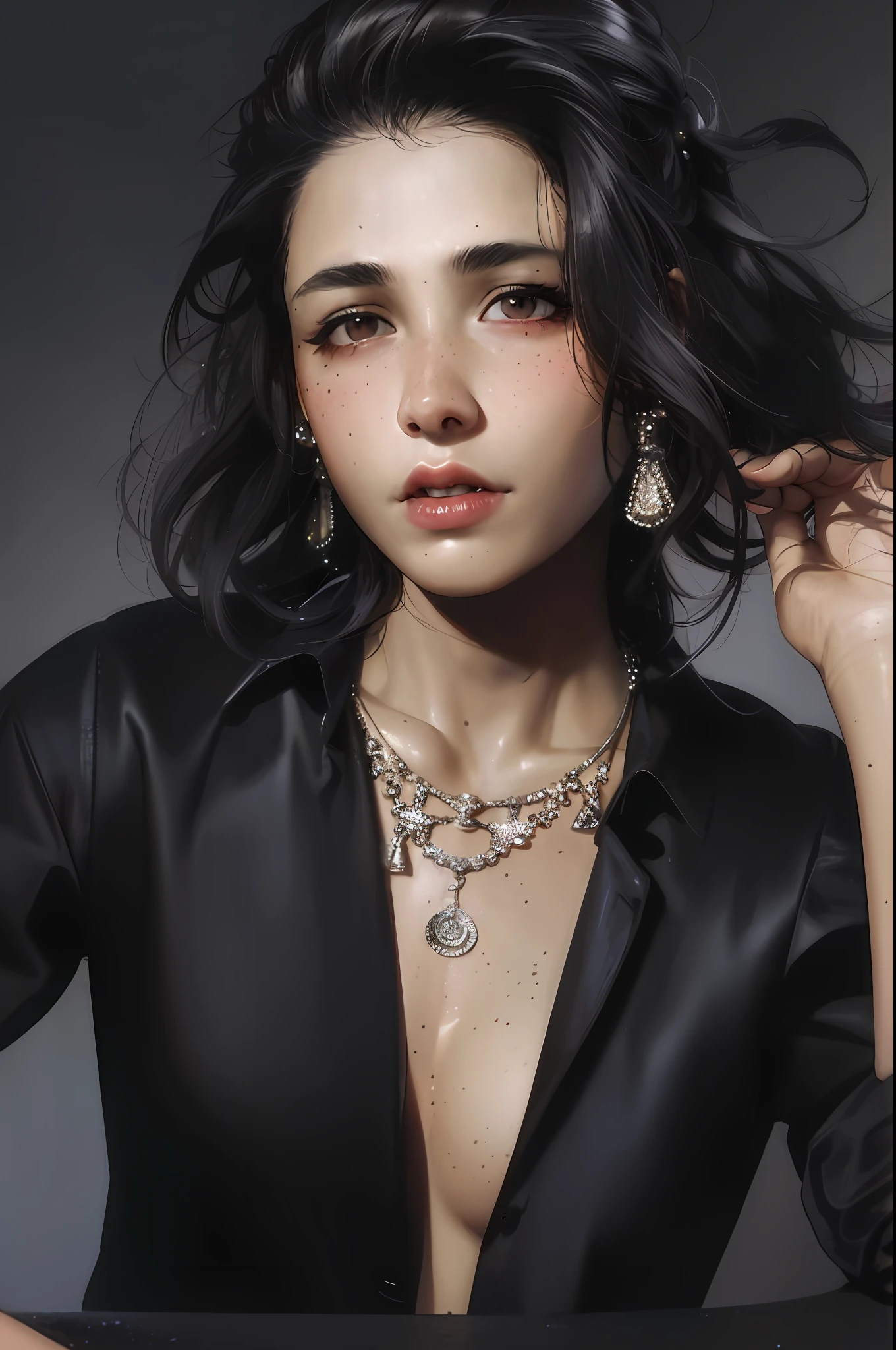 sam yang, 1girl, backlighting, bare shoulders, black choker, blurry, blurry background, blush, breasts, choker, cleavage, closed mouth, collarbone, earrings, forehead, freckles, hair over shoulder, jewelry, long hair, looking at viewer,pointy nose, red lips, shadow, solo, thick eyebrows, thick eyelashes, upper body, white hair, ((masterpiece)) ,
