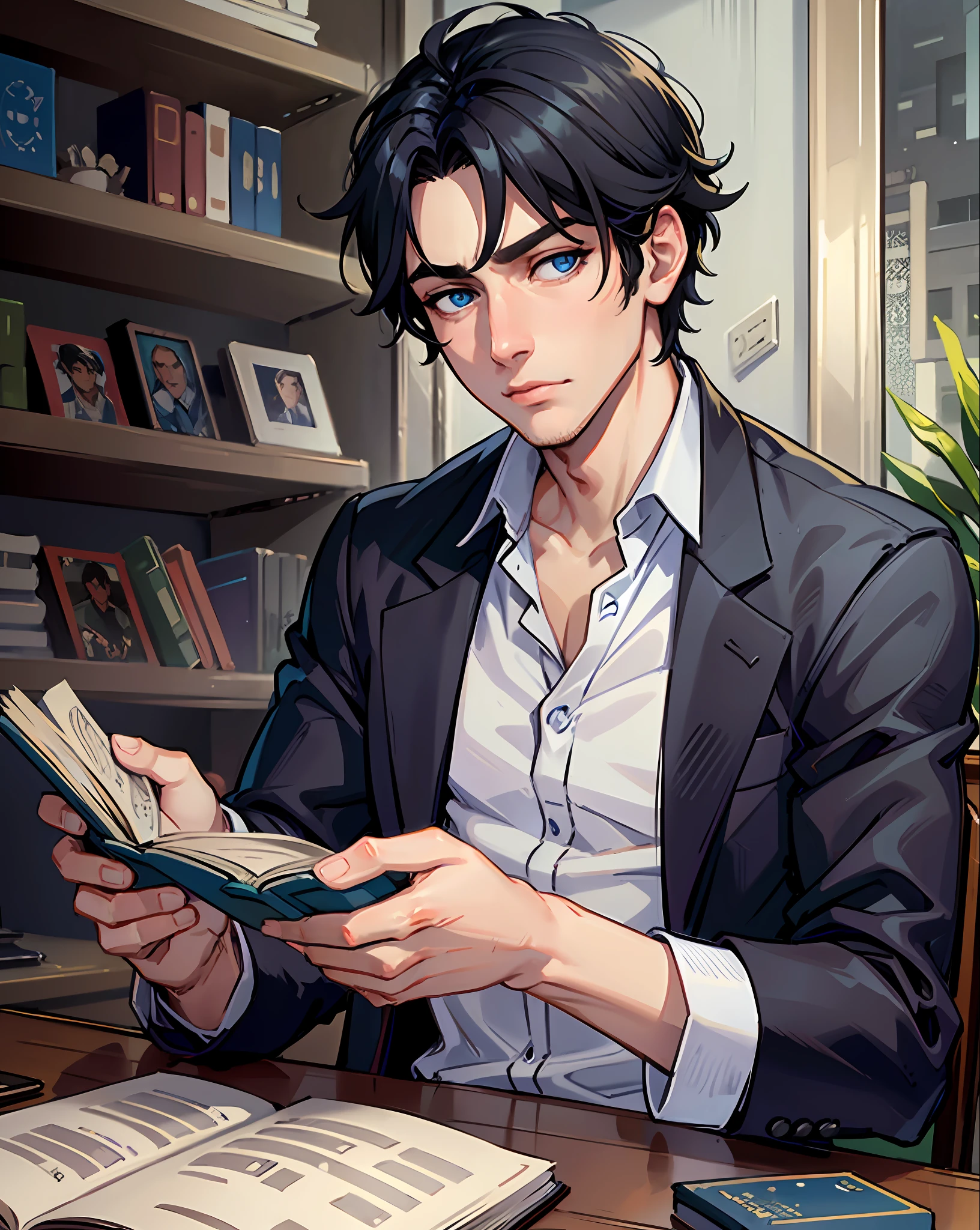 masterpiece, 1guy, black hair, blue eyes, beautiful eyes, white shirt, sitting at a table, reading a book, magic, portrait