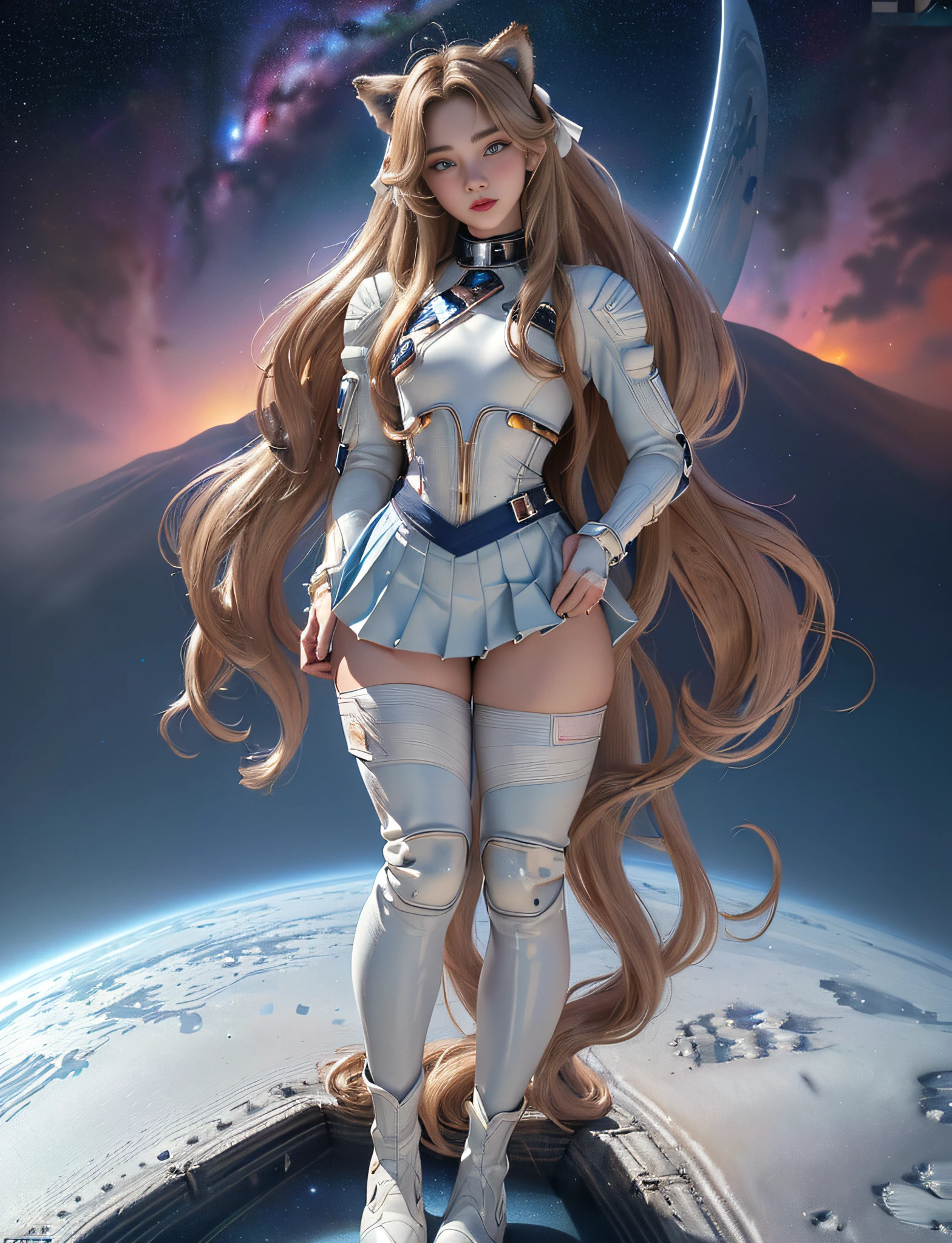 ((very detailed RAW color photo)), ((realistic)), (((1 girl))), (((alone))), (((30 years))), ((athletic)), ((very defined toned physique)), ((very defined and beautiful muscular body)), (((very detailed perfect body))), (((small and defined breasts))), (((ultra defined curves))), (((superior quality, 8k, masterpiece: 1.3)), sharp focus: 1.2, (((extremely beautiful girl with perfect figure: 1.4))), ((very thin waist: 1.2)), ultra detailed skin texture,  ((perfect and beautiful hands)), ((smooth and soft skin)), (ultra detailed fabric texture), extremely beautiful face ultra detailed, (((extremely beautiful))), ultra detailed, (((girl wearing a space suit without helmet and skirt with white pleats with space boots))), (((very futuristic suit))), (((extremely long curly blonde hair))), extremely beautiful, (((extra long ponytail with bangs))), ((very detailed and beautiful wolf ears)),  (hair on the face), ((hair ribbon)), dynamic pose, ((uniform leaves thighs exposed)), ((ultra detailed and toned legs)), (((ultra detailed waist))), (((very wide hips))), (((very thick and toned thighs))), (sexy), (((extreme hourglass figure))), (((very thick heart lips))), ((red lipstick)), ((ultra detailed lips)), ((ultra detailed blue eyes)), ((angry look)),  (((staring at the viewer))), ultra-detailed provocative mouth, extremely beautiful seductive lips, ((blushing)), (makeup), (((ultra-defined waist))), eye shadow, (full body shot), planets in the background, very detailed starry sky, nebulae, stars