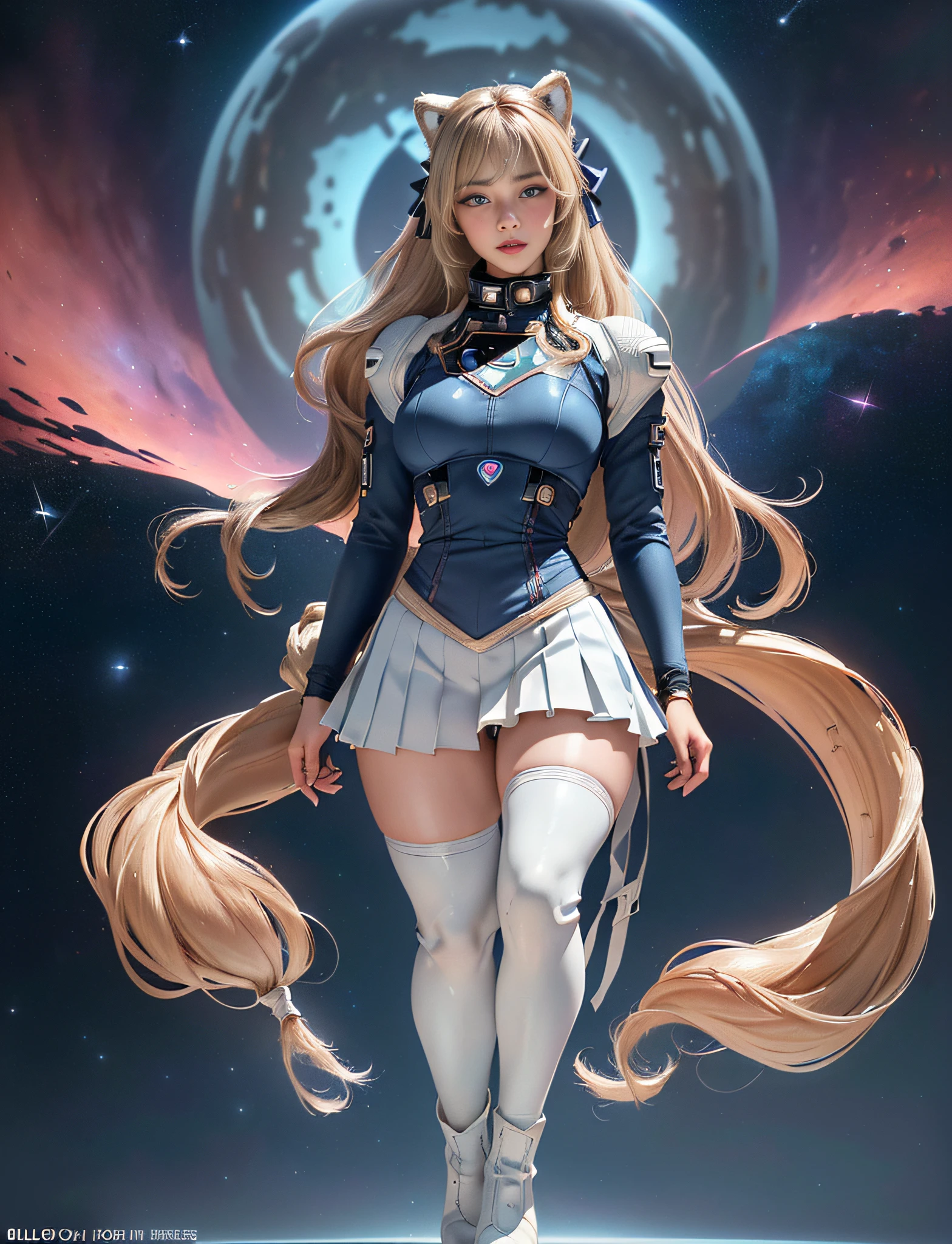 ((very detailed RAW color photo)), ((realistic)), (((1 girl))), (((alone))), (((30 years))), ((athletic)), ((very defined toned physique)), ((very defined and beautiful muscular body)), (((very detailed perfect body))), (((small and defined breasts))), (((ultra defined curves))), (((superior quality, 8k, masterpiece: 1.3)), sharp focus: 1.2, (((extremely beautiful girl with perfect figure: 1.4))), ((very thin waist: 1.2)), ultra detailed skin texture, ((perfect and beautiful hands)), ((smooth and soft skin)), (ultra detailed fabric texture), extremely beautiful face ultra detailed, (((extremely beautiful))), ultra detailed, (((girl wearing a space suit without helmet and skirt with white pleats with space boots))), (((very futuristic suit))), (((extremely long curly blonde hair))), extremely beautiful, (((extra long ponytail with bangs))), ((very detailed and beautiful wolf ears)), (hair on the face), ((hair ribbon)), dynamic pose, ((uniform leaves thighs exposed)), ((ultra detailed and toned legs)), (((ultra detailed waist))), (((very wide hips))), (((very thick and toned thighs))), (sexy), (((extreme hourglass figure))), (((very thick heart lips))), ((red lipstick)), ((ultra detailed lips)), ((ultra detailed blue eyes)), ((angry look)), (((staring at the viewer))), ultra-detailed provocative mouth, extremely beautiful seductive lips, ((blushing)), (makeup), (((ultra-defined waist))), eye shadow, (full body shot), planets in the background, very detailed starry sky, nebulae, stars