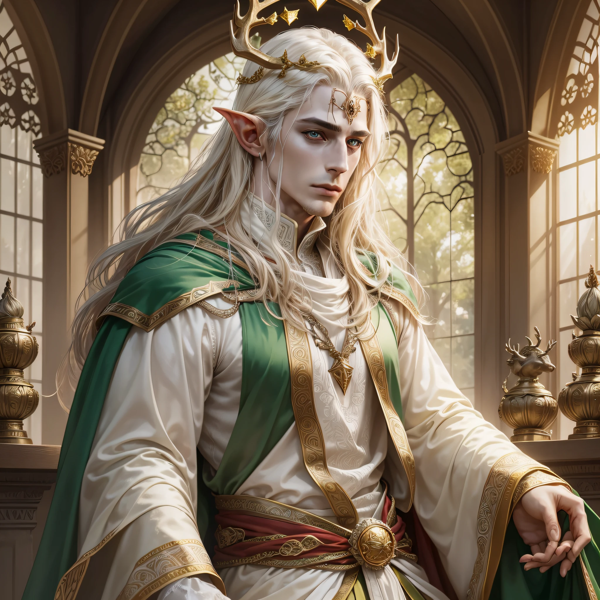 Medium portrait, exquisite picture, handsome elven male with a majestic expression, looking squarely at the camera, wearing a golden crown decorated with antlers, elven king, wearing a gorgeous white elven robe, green and gold decorations intertwined on the robe, in a palace, sunlight shining through the glass on the palace, RPG fantasy.