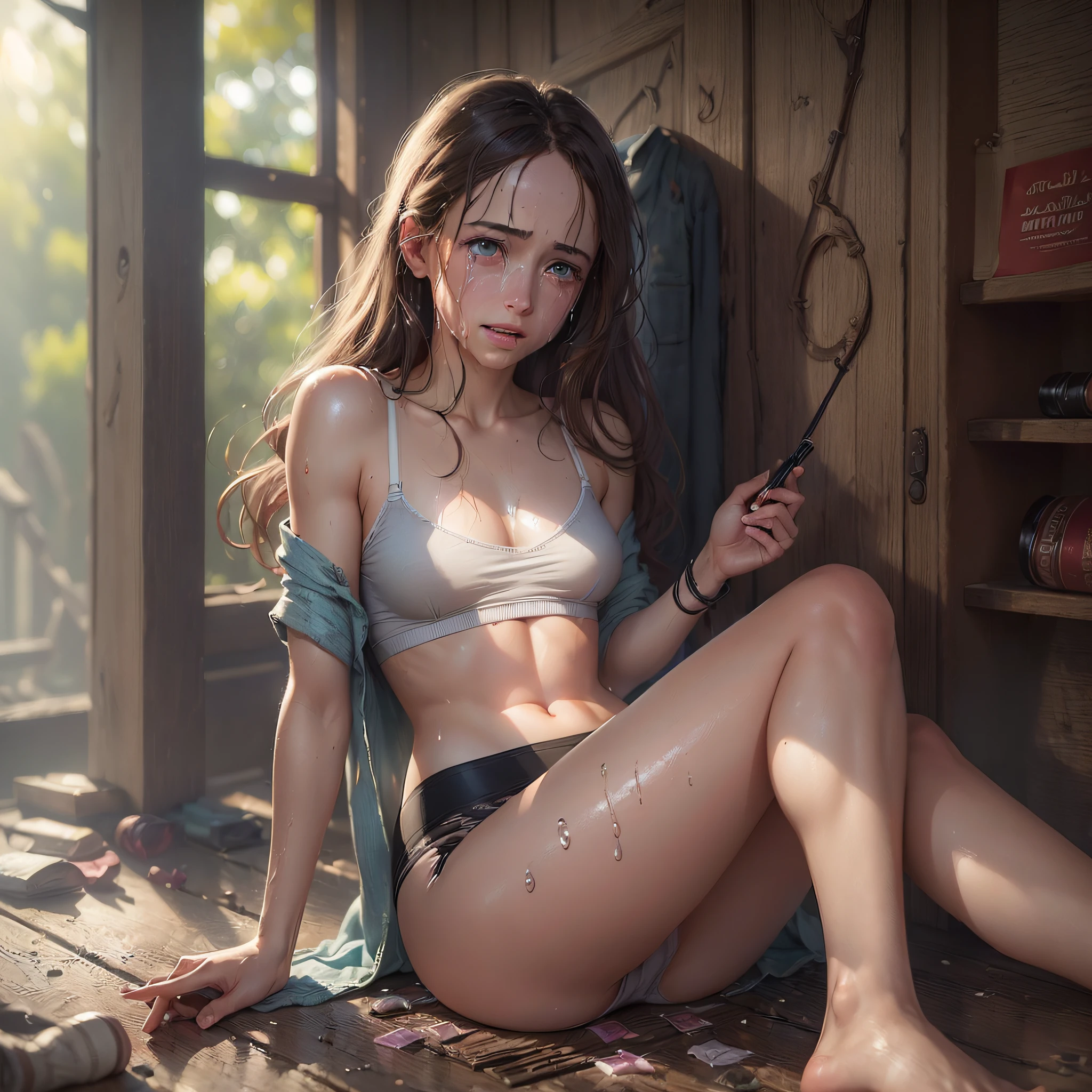 (Photorealistic:1.9)),Top Quality,Realistic, Masterpiece, Illustration, Very Delicate and Beautiful, (CG:1.2), Very Detailed, Unity 8k Wallpaper, Amazing Fine Details,Best Quality,Official Art, Incredibly Ridiculous,Ultra Detailed, High Definition, Very Detailed, One Girl,(Hermione Granger), Beautiful Detailed Girl, Full Body, ( tense underwear), small breasts, small buttocks, white underwear, (thin underwear), excited expression, beautiful detailed red eyes, facial light, movie lighting, ((very sweaty skin)), (skin shiny with sweat), transparent sweat, (from the front), sitting facing the front with legs open, ((((crying))), wristband, (showing off crotch), (涎))), ruins, asking for help, ( 1000 used condoms on the floor)), (Harry Potter wand), wet hair, (mud-stained underwear) --auto --s2