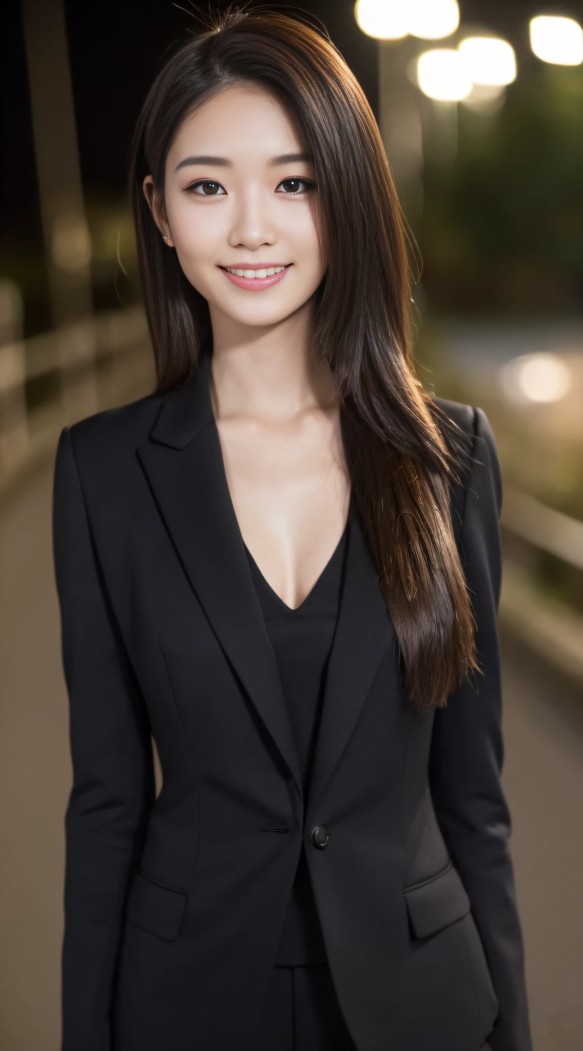((top quality, 8k, masterpiece))), crisp focus, (beautiful woman with perfect figure), slender, (hairstyle: up)), ((suit: black)), night road: 1.2, highly detailed face and skin texture, detailed eyes, double eyelids, random posture, (smile), Japan person