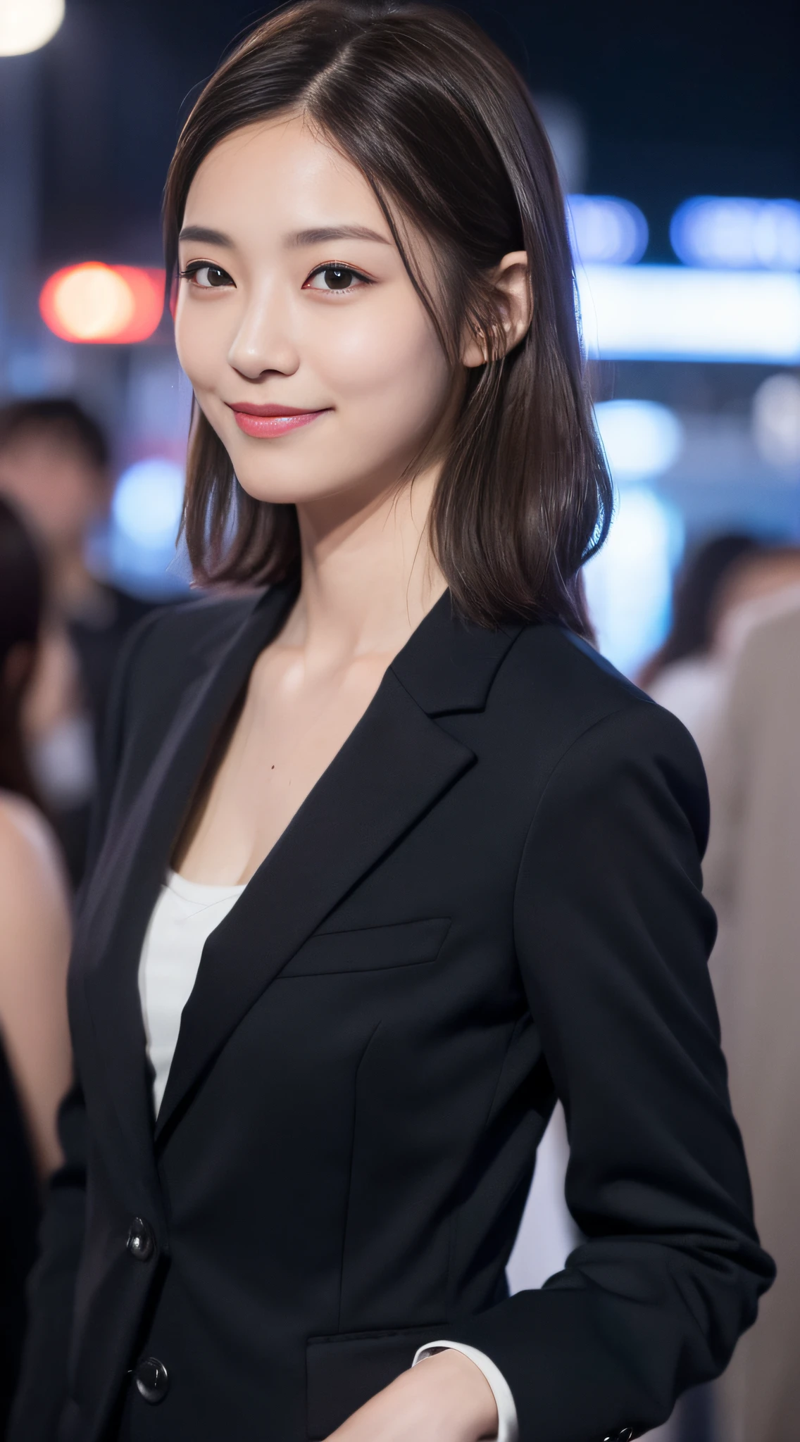 ((top quality, 8k, masterpiece))), crisp focus, (beautiful woman with perfect figure), slender, (hairstyle: up)), ((suit: black)), night road: 1.2, highly detailed face and skin texture, detailed eyes, double eyelids, random posture, (smile), Japan person