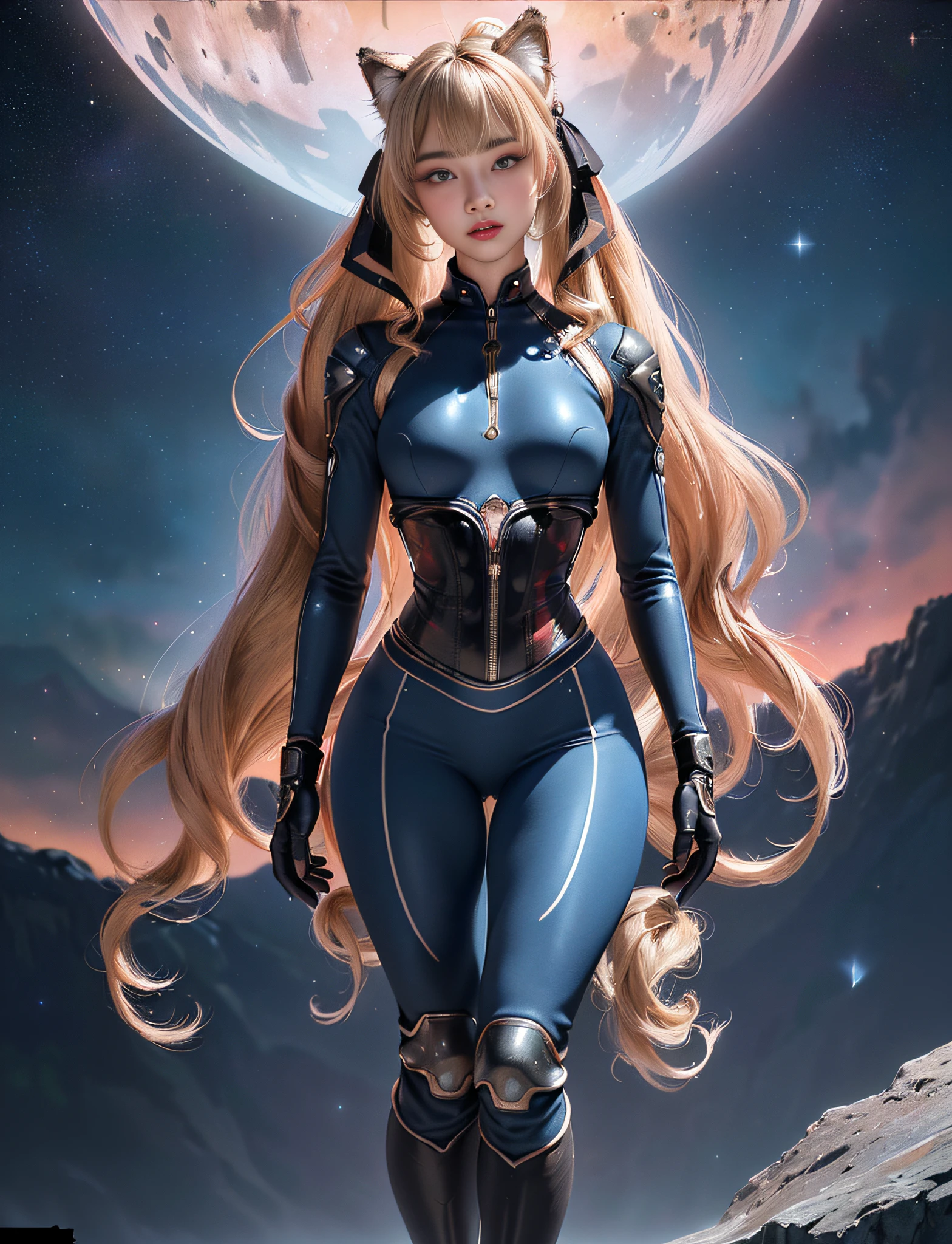 ((very detailed RAW color photo)), ((realistic)), (((1 girl))), (((alone))), (((33 years))), ((athletic)), ((very defined toned physique)), ((very defined and beautiful muscular body)), (((very detailed perfect body))), (((small and defined breasts))), (((ultra defined curves))), (((superior quality, 8k, masterpiece: 1.3)), sharp focus: 1.2, (((extremely beautiful girl with perfect figure: 1.4))), ((very thin waist: 1.2)), ultra detailed skin texture,  ((perfect and beautiful hands)), ((smooth and soft skin)), (ultra detailed fabric texture), extremely beautiful ultra detailed face, (((extremely beautiful))), ultra detailed, (((girl wearing a helmetless spacesuit with skirt and space boots))), (((very futuristic suit))), (((extremely long curly blonde hair))), extremely beautiful, (((extra long ponytail with bangs))), ((very detailed and beautiful wolf ears)),  (hair on the face), ((hair ribbon)), dynamic pose, ((uniform leaves thighs exposed)), ((ultra detailed and toned legs)), (((ultra detailed waist))), (((very wide hips))), (((very thick and toned thighs))), (sexy), (((extreme hourglass figure))), (((very thick heart lips))), ((red lipstick)), ((ultra detailed lips)), ((ultra detailed blue eyes)), ((angry look)),  (((staring at the viewer))), ultra-detailed provocative mouth, extremely beautiful seductive lips, ((blushing)), (makeup), (((ultra-defined waist))), eye shadow, (full body shot), planets in the background, very detailed starry sky, nebulae, stars