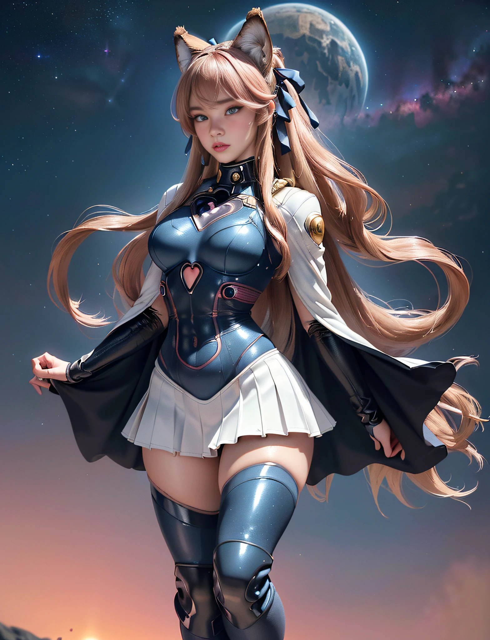 ((very detailed RAW color photo)), ((realistic)), (((1 girl))), (((alone))), (((33 years))), ((athletic)), ((very defined toned physique)), ((very defined and beautiful muscular body)), (((very detailed perfect body))), (((small and defined breasts))), (((ultra defined curves))), (((superior quality, 8k, masterpiece: 1.3)), sharp focus: 1.2, (((extremely beautiful girl with perfect figure: 1.4))), ((very thin waist: 1.2)), ultra detailed skin texture,  ((perfect and beautiful hands)), ((smooth and soft skin)), (ultra detailed fabric texture), extremely beautiful ultra detailed face, (((extremely beautiful))), ultra detailed, (((girl wearing a helmetless spacesuit with skirt and space boots))), (((very futuristic suit))), (((extremely long curly blonde hair))), extremely beautiful, (((extra long ponytail with bangs))), ((very detailed and beautiful wolf ears)),  (hair on the face), ((hair ribbon)), dynamic pose, ((uniform leaves thighs exposed)), ((ultra detailed and toned legs)), (((ultra detailed waist))), (((very wide hips))), (((very thick and toned thighs))), (sexy), (((extreme hourglass figure))), (((very thick heart lips))), ((red lipstick)), ((ultra detailed lips)), ((ultra detailed blue eyes)), ((angry look)),  (((staring at the viewer))), ultra-detailed provocative mouth, extremely beautiful seductive lips, ((blushing)), (makeup), (((ultra-defined waist))), eye shadow, (full body shot), planets in the background, very detailed starry sky, nebulae, stars