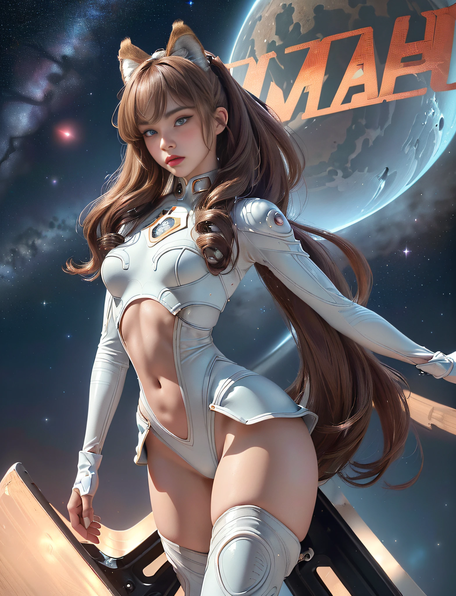 ((very detailed RAW color photo)), ((realistic)), (((1 girl))), (((alone))), (((33 years))), ((athletic)), ((very defined toned physique)), ((very defined and beautiful muscular body)), (((very detailed perfect body))), (((small and defined breasts))), (((ultra defined curves))), (((superior quality, 8k, masterpiece: 1.3)), sharp focus: 1.2, (((extremely beautiful girl with perfect figure: 1.4))), ((very thin waist: 1.2)), ultra detailed skin texture, ((perfect and beautiful hands)), ((smooth and soft skin)), (ultra detailed fabric texture), extremely beautiful ultra detailed face, (((extremely beautiful))), ultra detailed, (((girl wearing a helmetless spacesuit with skirt and space boots))), (((very futuristic suit))), (((extremely long curly blonde hair))), extremely beautiful, (((extra long ponytail with bangs))), ((very detailed and beautiful wolf ears)), (hair on the face), ((hair ribbon)), dynamic pose, ((uniform leaves thighs exposed)), ((ultra detailed and toned legs)), (((ultra detailed waist))), (((very wide hips))), (((very thick and toned thighs))), (sexy), (((extreme hourglass figure))), (((very thick heart lips))), ((red lipstick)), ((ultra detailed lips)), ((ultra detailed blue eyes)), ((angry look)), (((staring at the viewer))), ultra-detailed provocative mouth, extremely beautiful seductive lips, ((blushing)), (makeup), (((ultra-defined waist))), eye shadow, (full body shot), planets in the background, very detailed starry sky, nebulae, stars