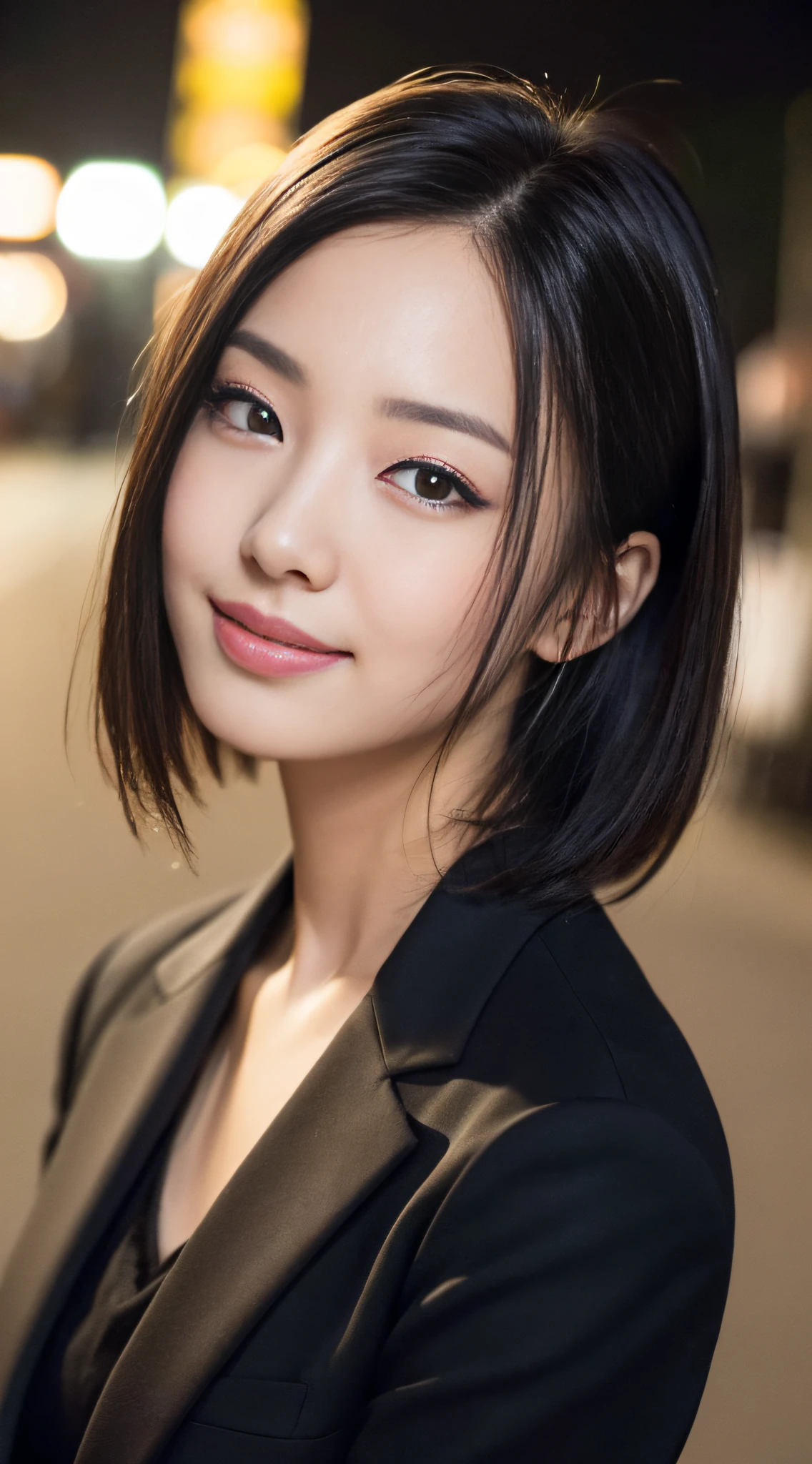 (((top quality, 8k, masterpiece))), crisp focus, (beautiful woman with perfect figure), slender, (hairstyle: up)), ((suit: black)), night road: 1.2, very detailed face and skin texture, detailed eyes, double eyelids, (smile), Japan person