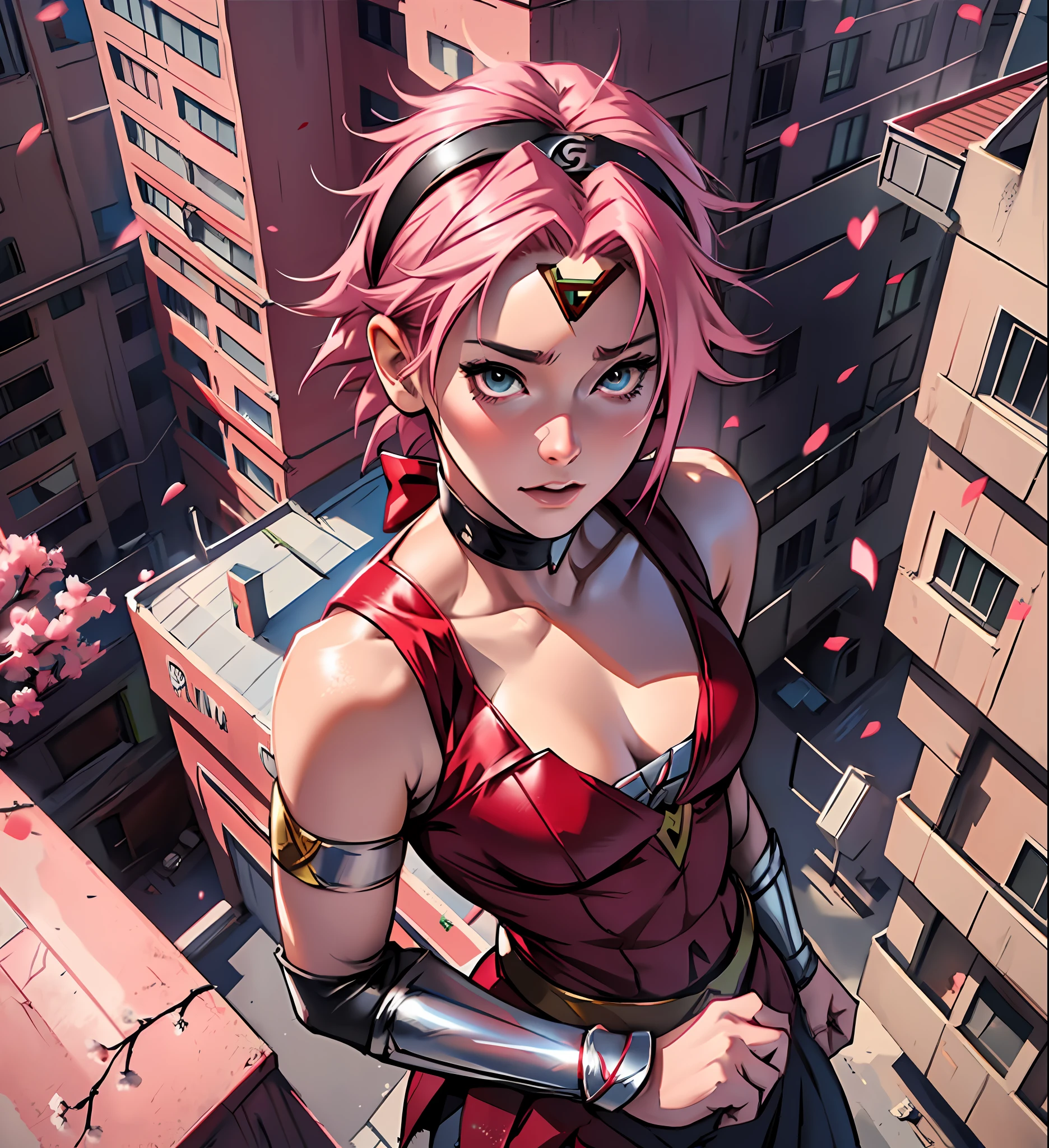 Sakura Haruno, is a super heroine, with red clothes and red bow on the head, her hair is pink, short hair, forehead to show, small breasts, thin, beautiful, feminine, heroine, her figure is delicate, she is on top of a building, watching the city, heroine. Wonder Woman