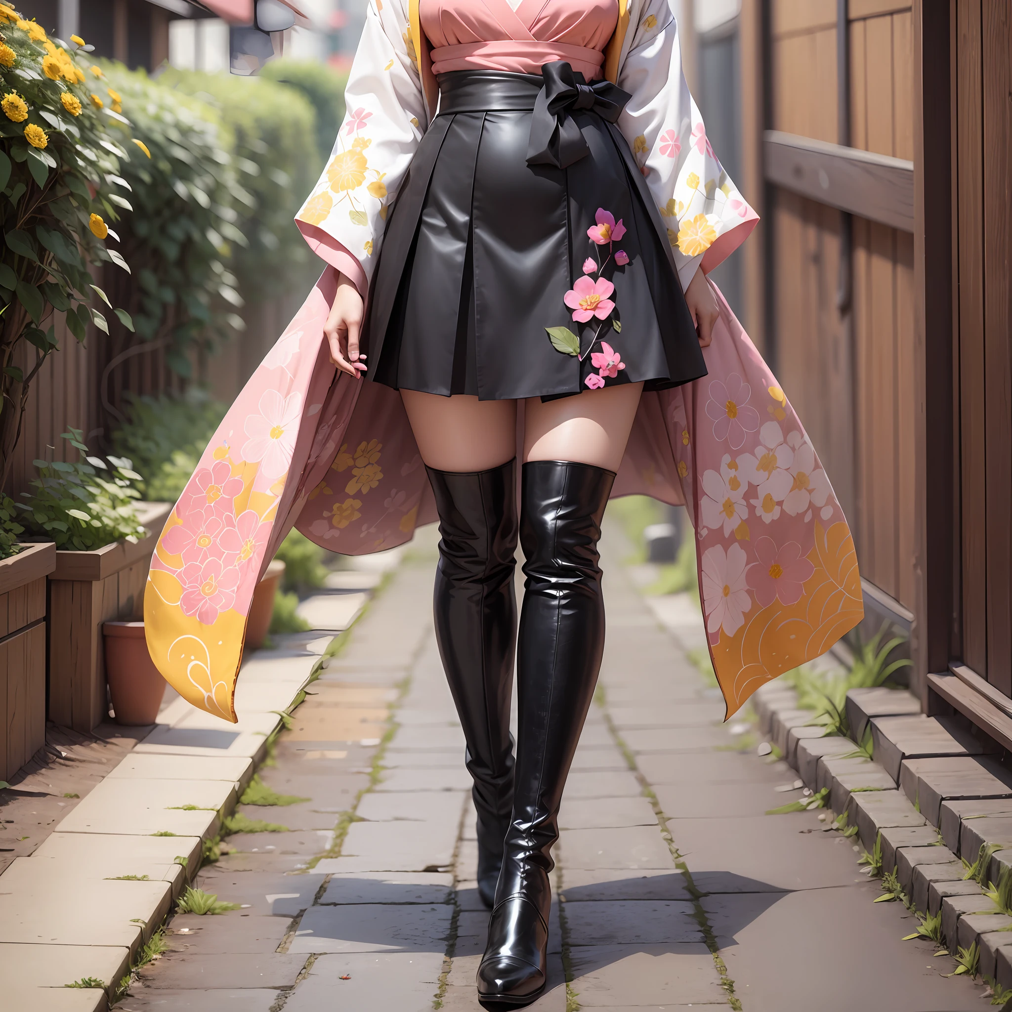 Akjuu's outfit combines elements of traditional Japanese attire with modern fashion. She wears a wa lolita-inspired dress, consisting of a light pink top with yellow flower-patterned sleeves. The dress has a green vest adorned with intricate designs, and a shortened hakama skirt in a deep red color. The skirt is separated by a white-laced obi that adds a touch of elegance. Akjuu completes her look with a pair of black knee-high boots. --auto --s2