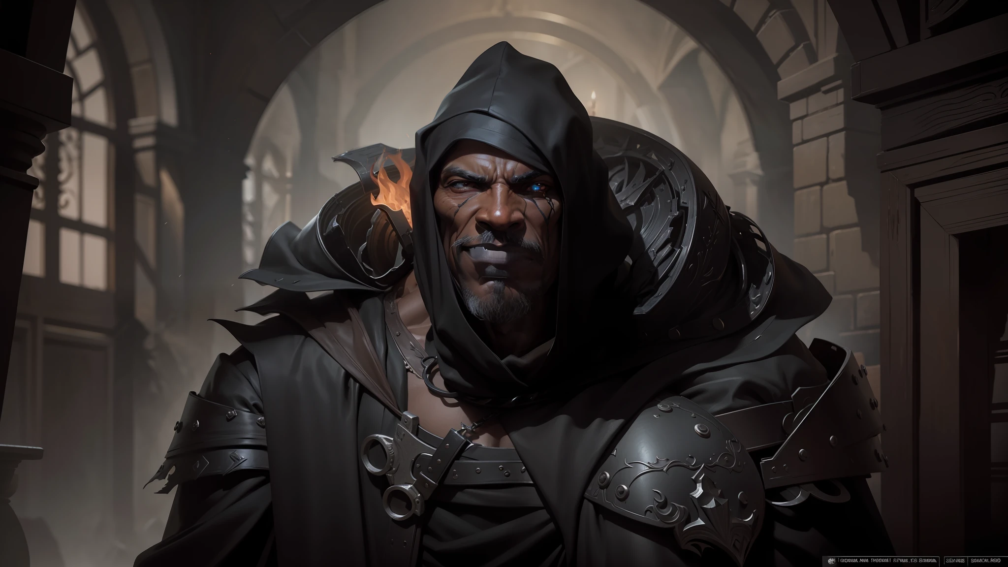 Dark_Fantasy, Styx game, 1 black man, with big nose, eyes with very bright yellow light, with devilish look, physical features faithful to the features presented in the photo, with aged and torn leather bracelets, perfectly detailed hands, wearing a gray cap of old cloth, absolutely impressive art, wearing a black robe, art of the highest quality, highest resolution, hyper detailed, black and grey, medieval, ultra realistic fantasy, atmospheric, 8k, 64k, HD, unparalleled masterpiece, dynamic face lighting, cinematic, epic --auto --s2
