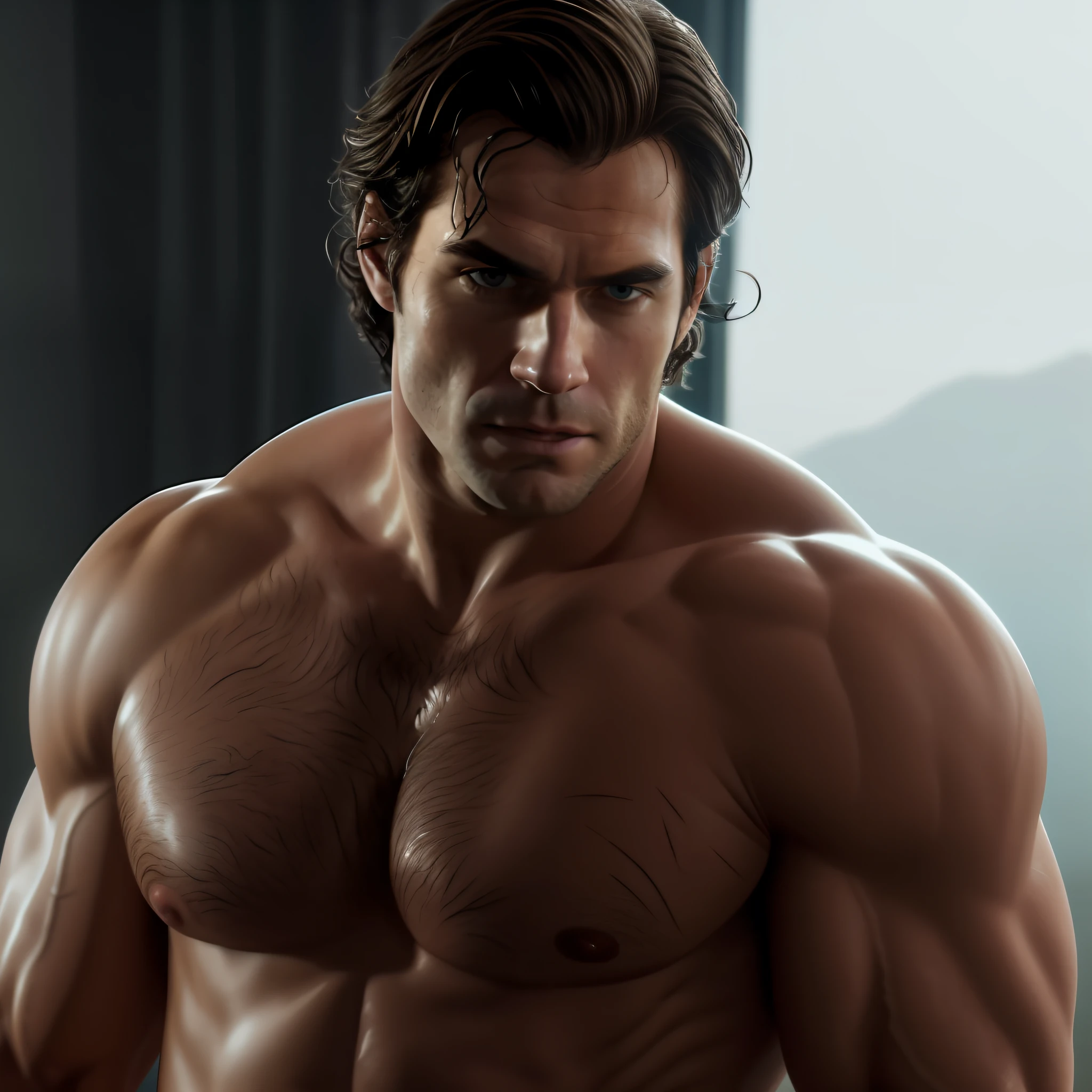 A photorealistic portrait of a shirtless Henry Cavill with big , extremely detailed, amazing, fine detail, hyper realistic lifelike texture, dramatic lighting, unrealengine, trending on artstation, cinestill 800 tungsten, looking at the viewer, photo realistic, RAW photo, TanvirTamim, high quality, highres, sharp focus, extremely detailed, cinematic lighting, 8k uhd,-imagine-