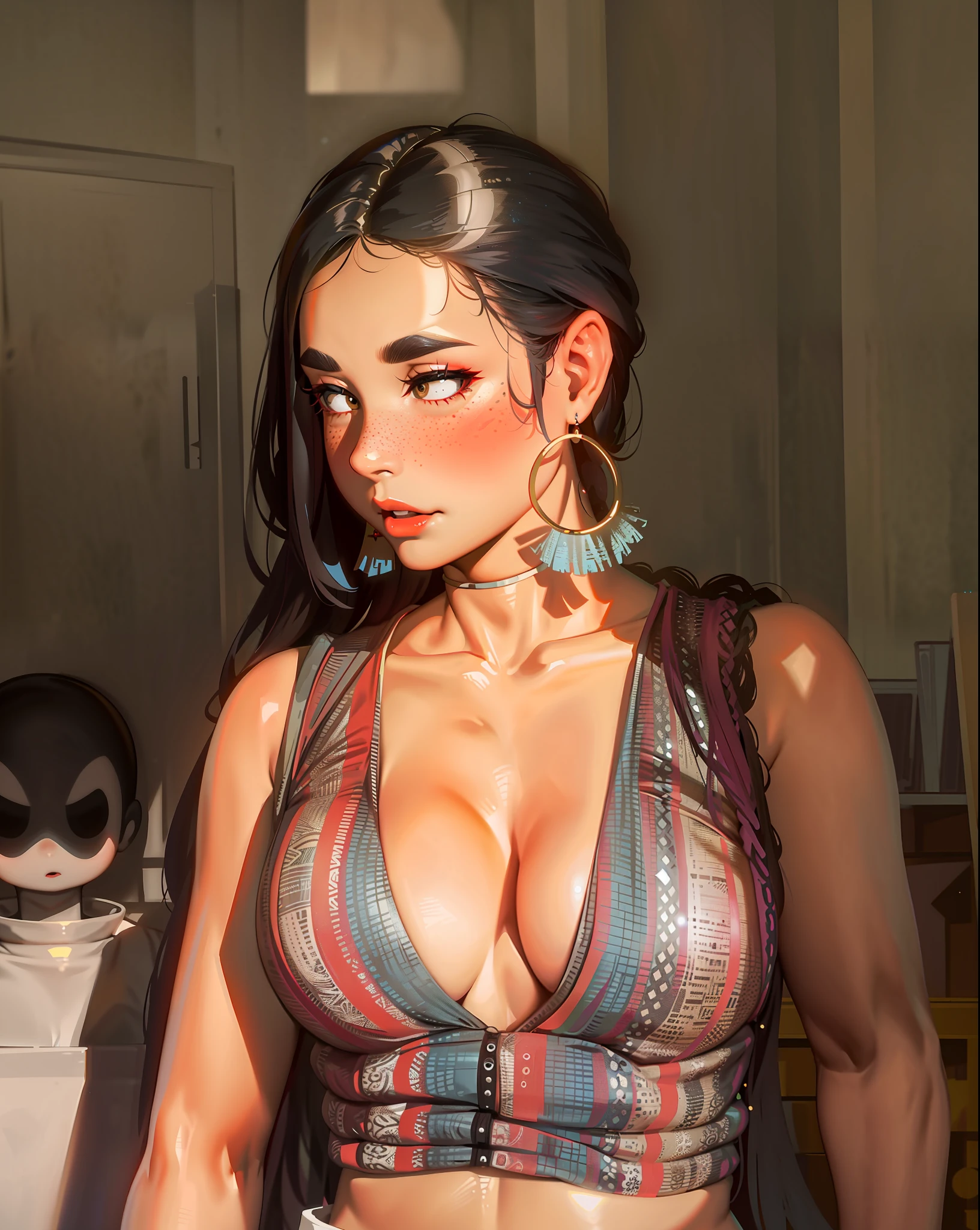 sam yang, 1girl, backlighting, bare shoulders, black choker, blurry, blurry background, blush, breasts, choker, cleavage, closed mouth, collarbone, earrings, forehead, freckles, hair over shoulder, jewelry, long hair, looking at viewer,pointy nose, red lips, shadow, solo, thick eyebrows, thick eyelashes, upper body, white hair, ((masterpiece)) ,