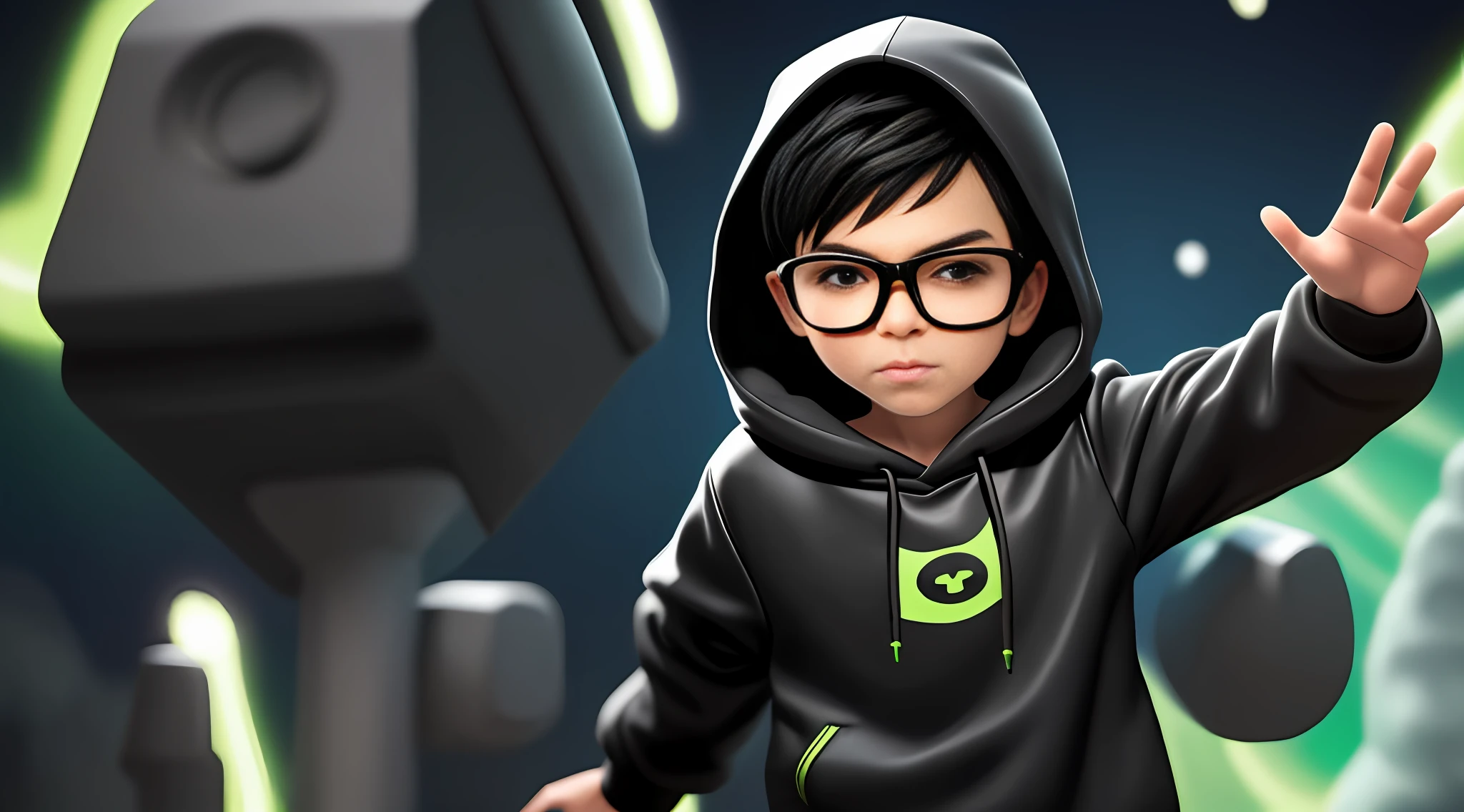 with glasses, short black hair, wearing black hooded sweatshirt, Ben 10 style with a space gun